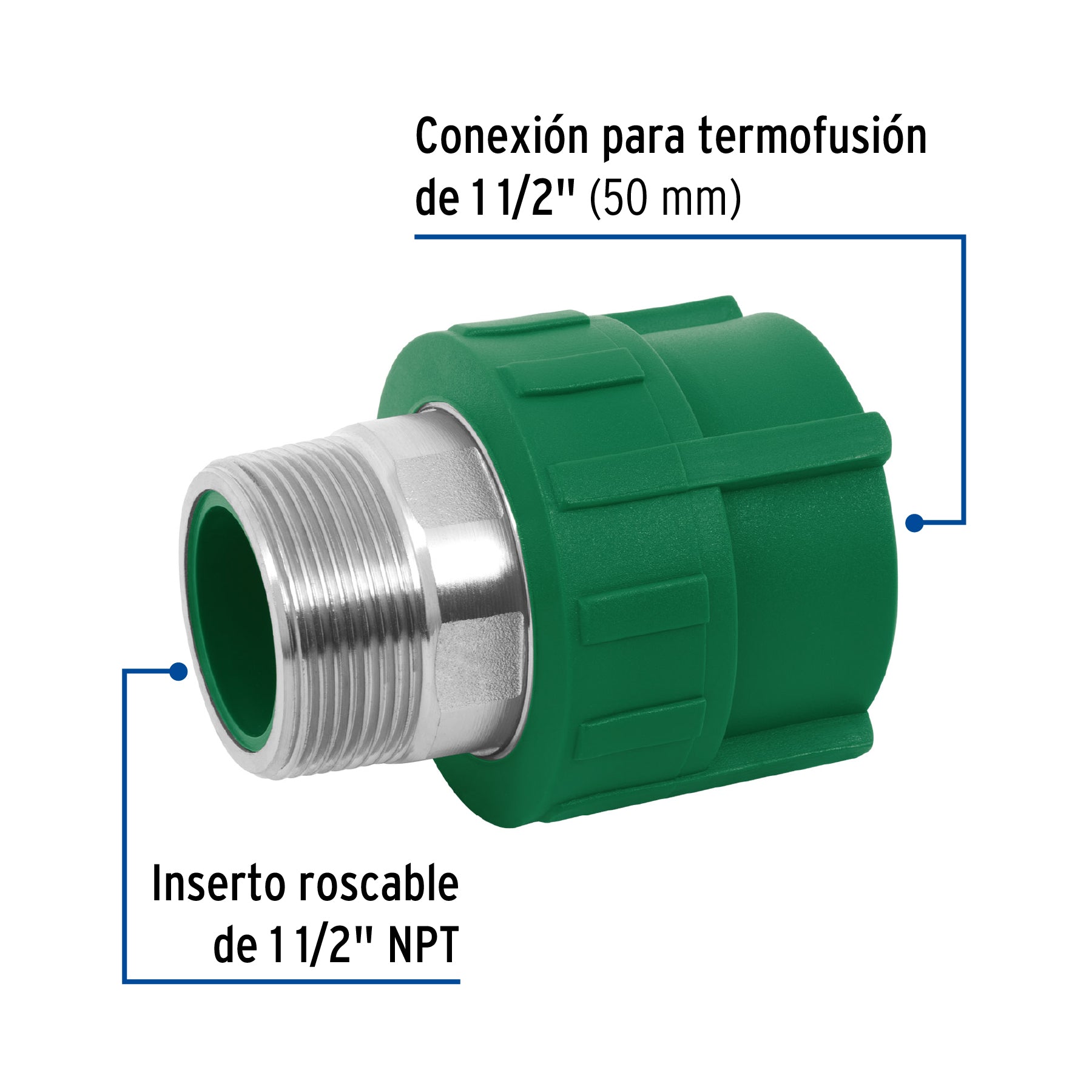 Adaptador PPR 1-1/2' macho con inserto metálico, FOSET. Modelo: CV-615