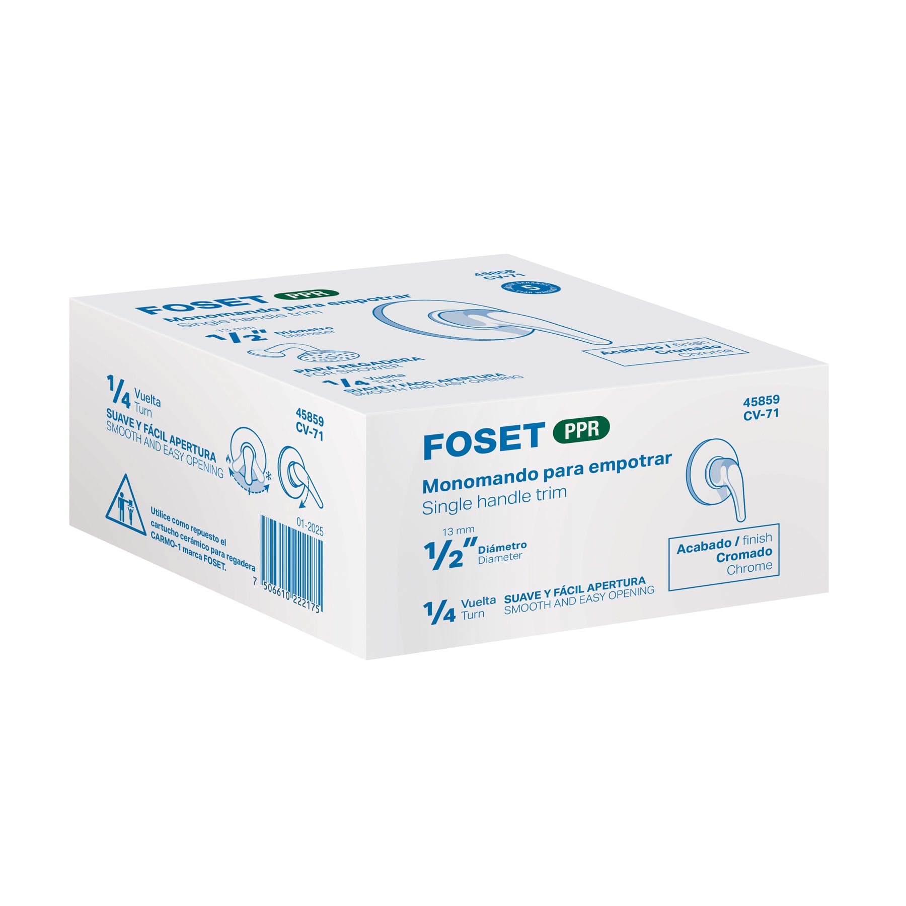 Monomando de empotrar para regadera PPR 1/2', FOSET. Modelo: CV-71