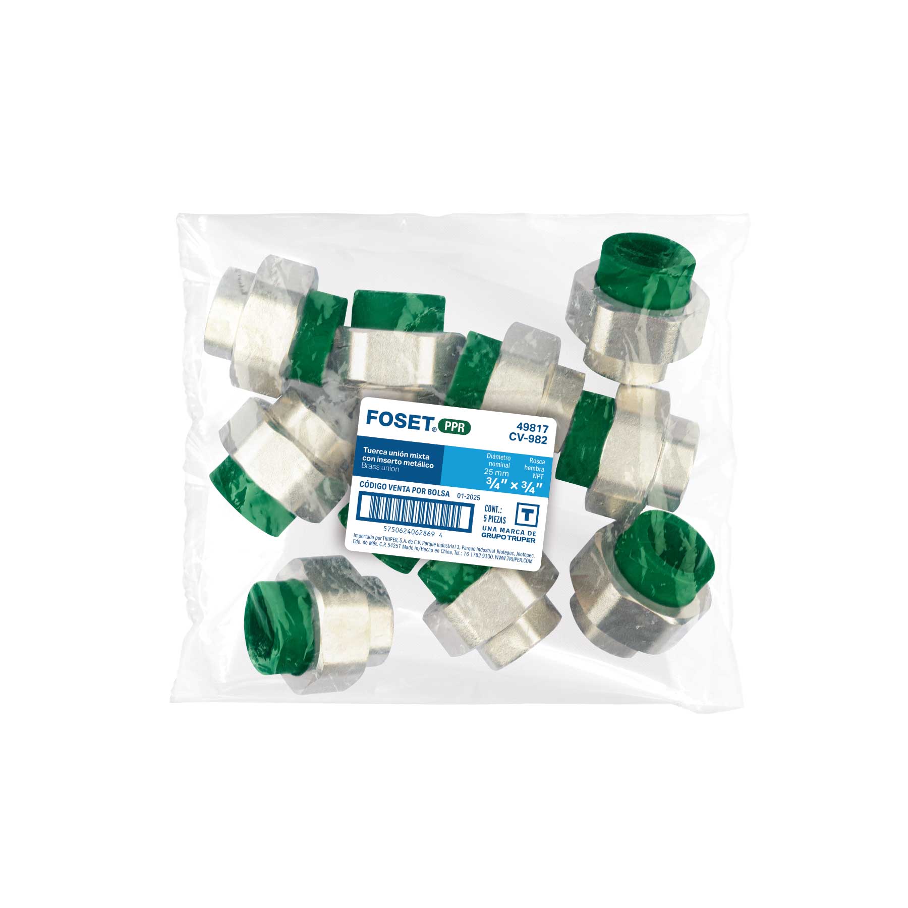 Tuerca unión PPR, mixta inserto metálico,  3/4', FOSET. Modelo: CV-982
