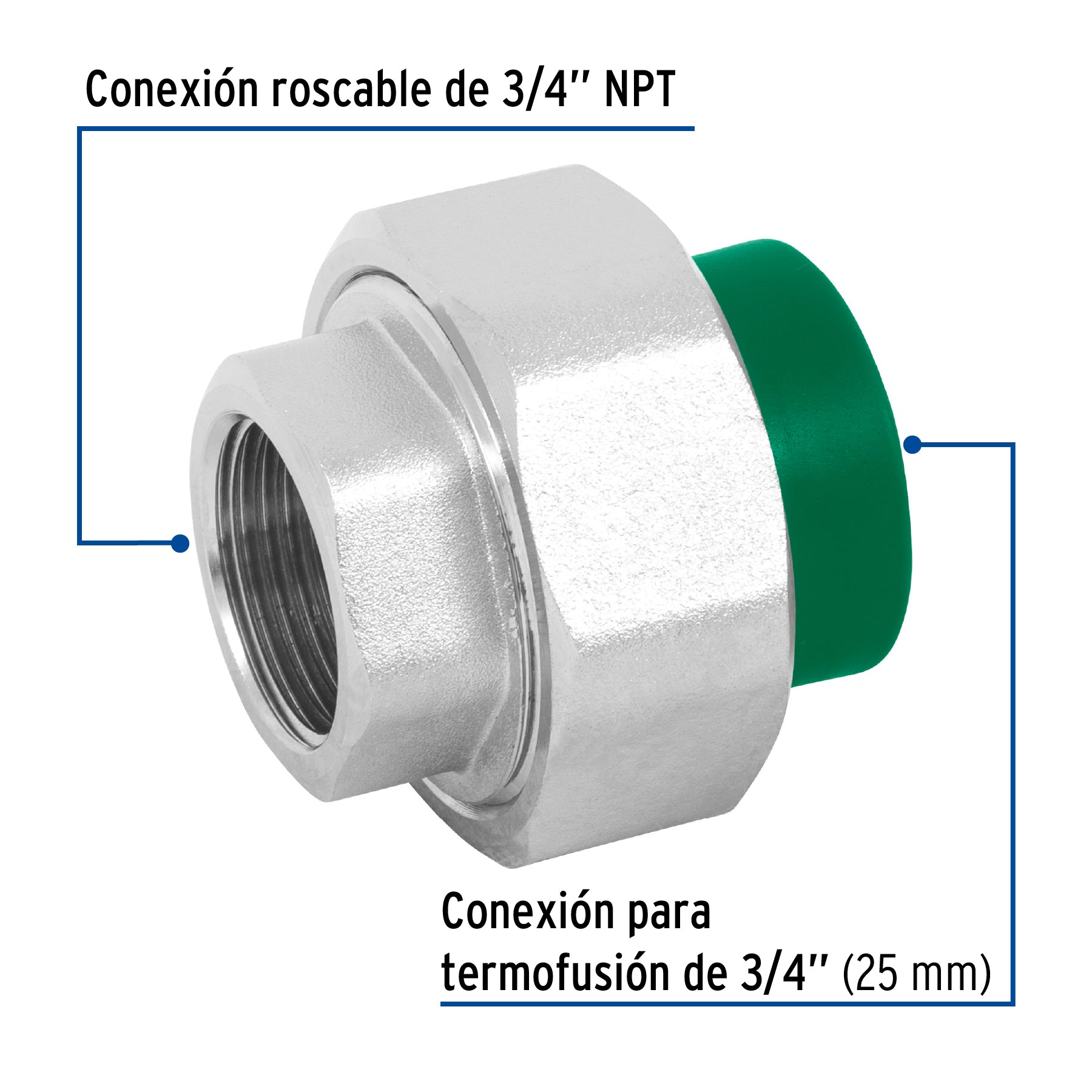 Tuerca unión PPR, mixta inserto metálico,  3/4', FOSET. Modelo: CV-982
