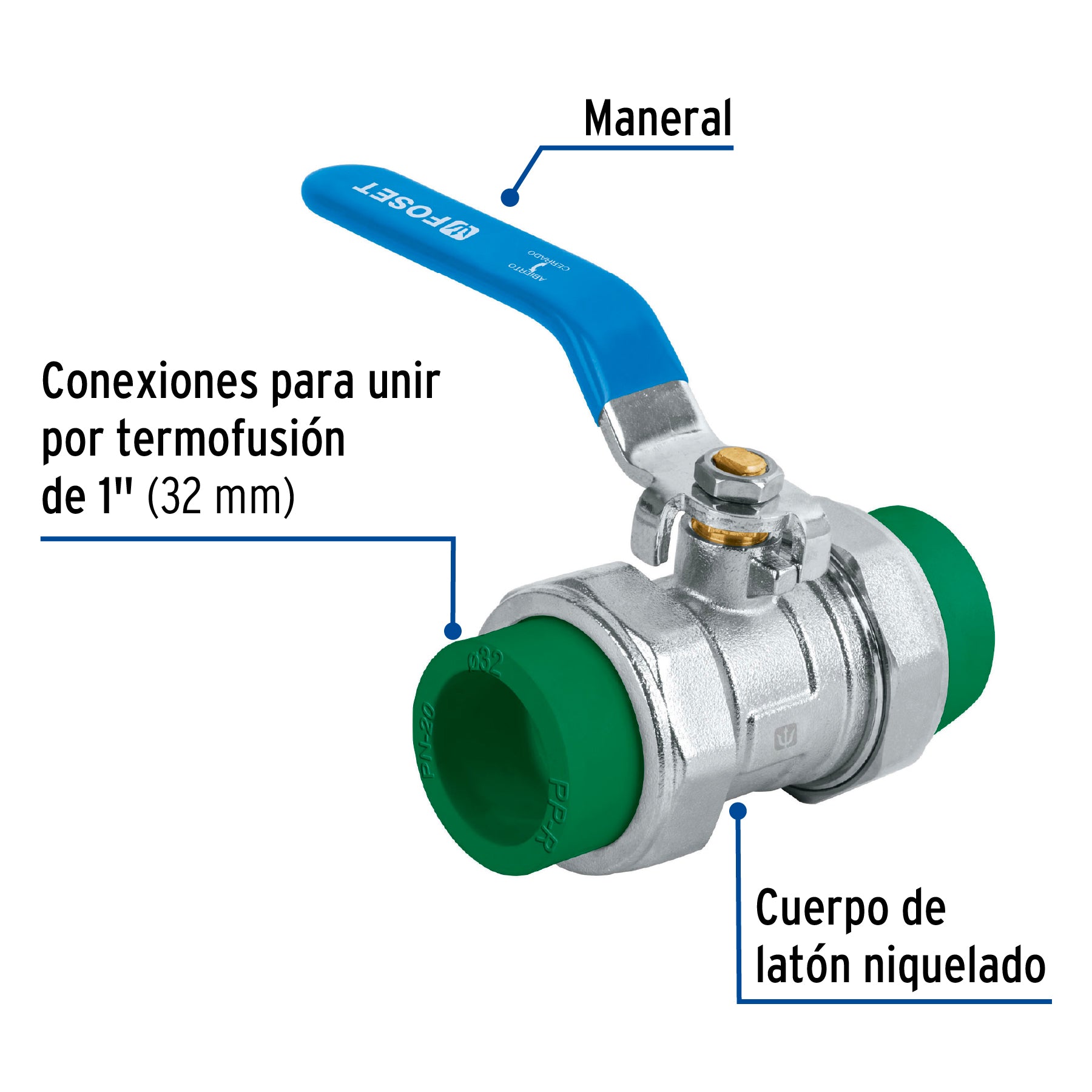 Válvula de esfera desmontable PPR, 1' (32mm), FOSET. Modelo: CV-ESD-1