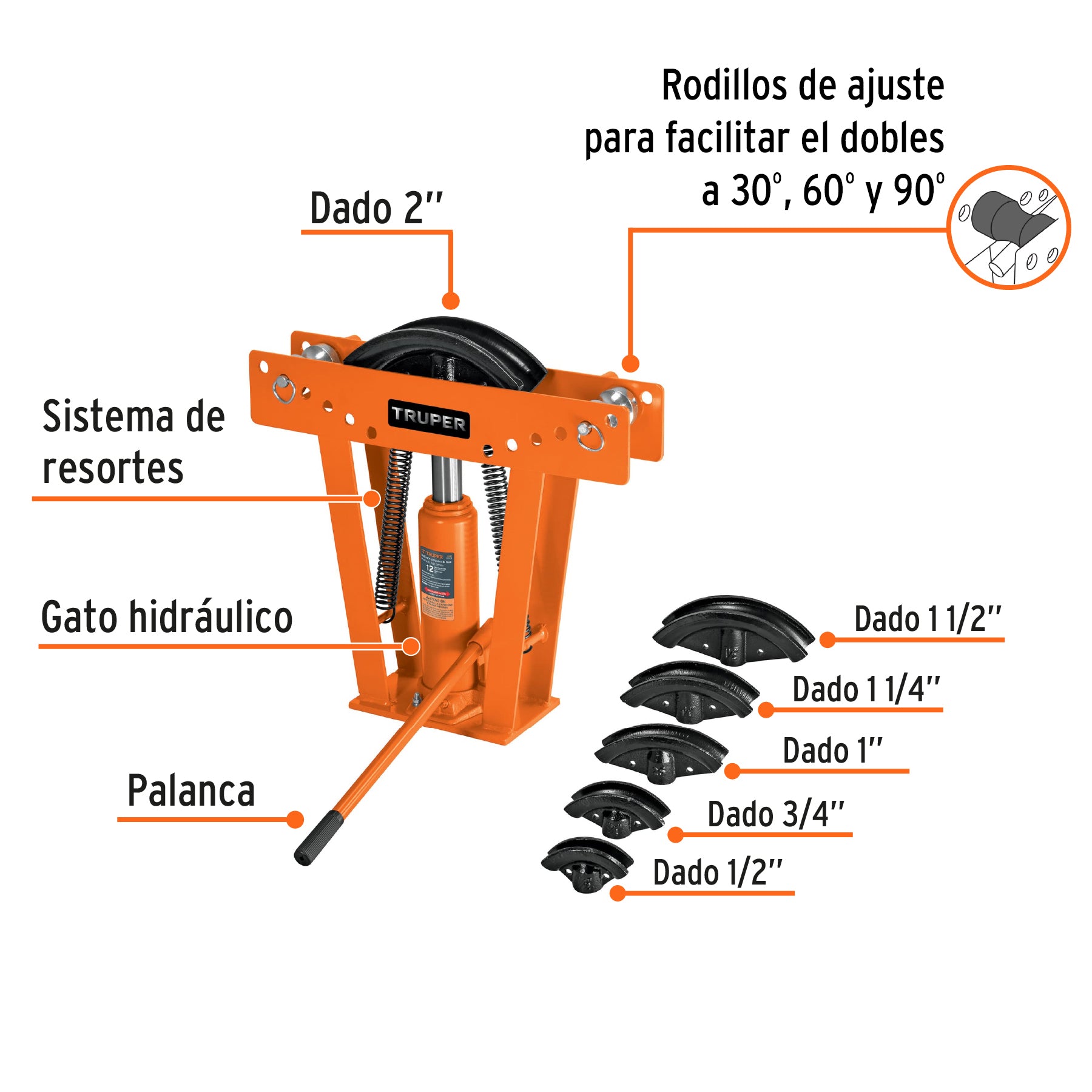 Doblador hidráulico para tubo, 12 ton, TRUPER. Modelo: DTH-12