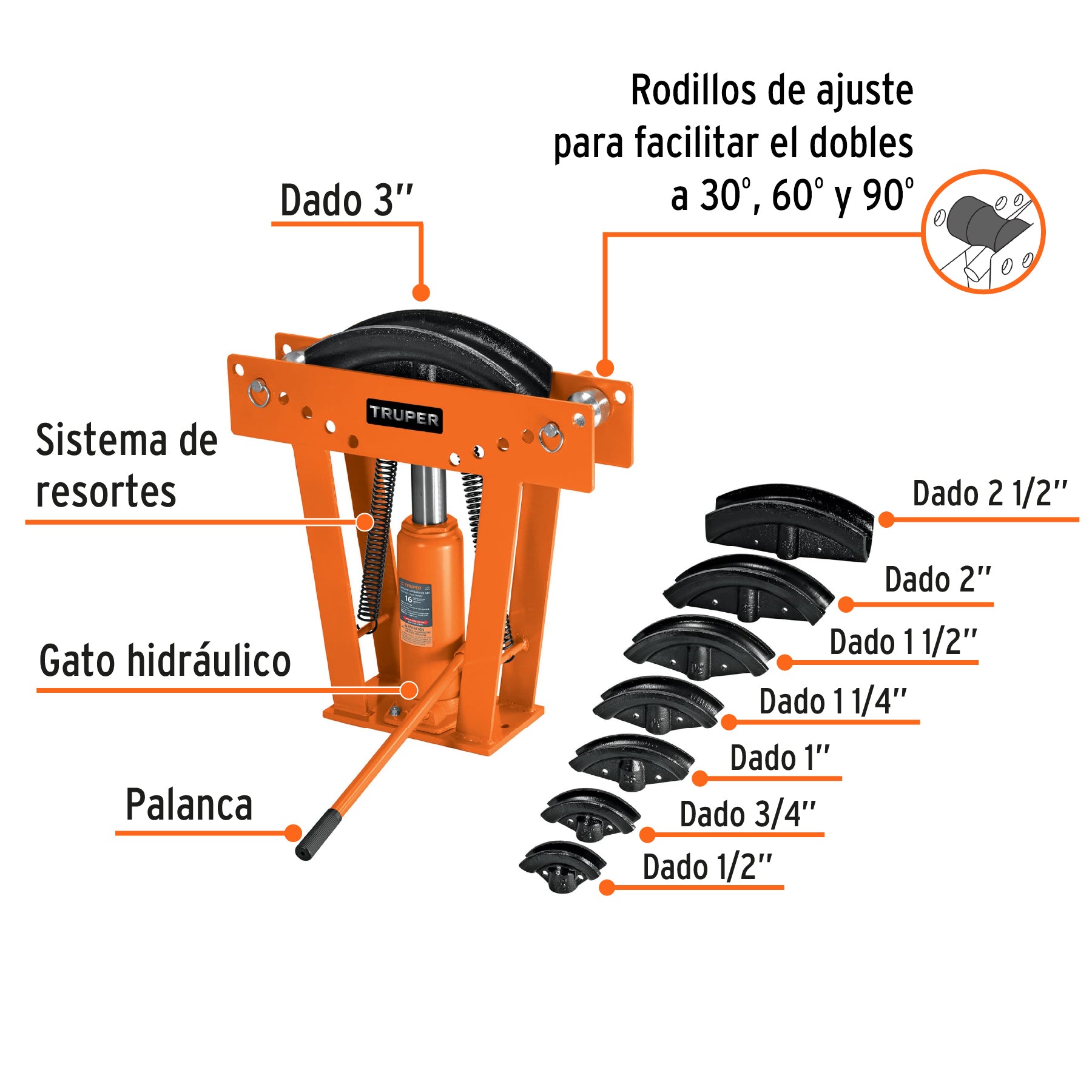 Doblador hidráulico para tubo, 16 ton, TRUPER. Modelo: DTH-16