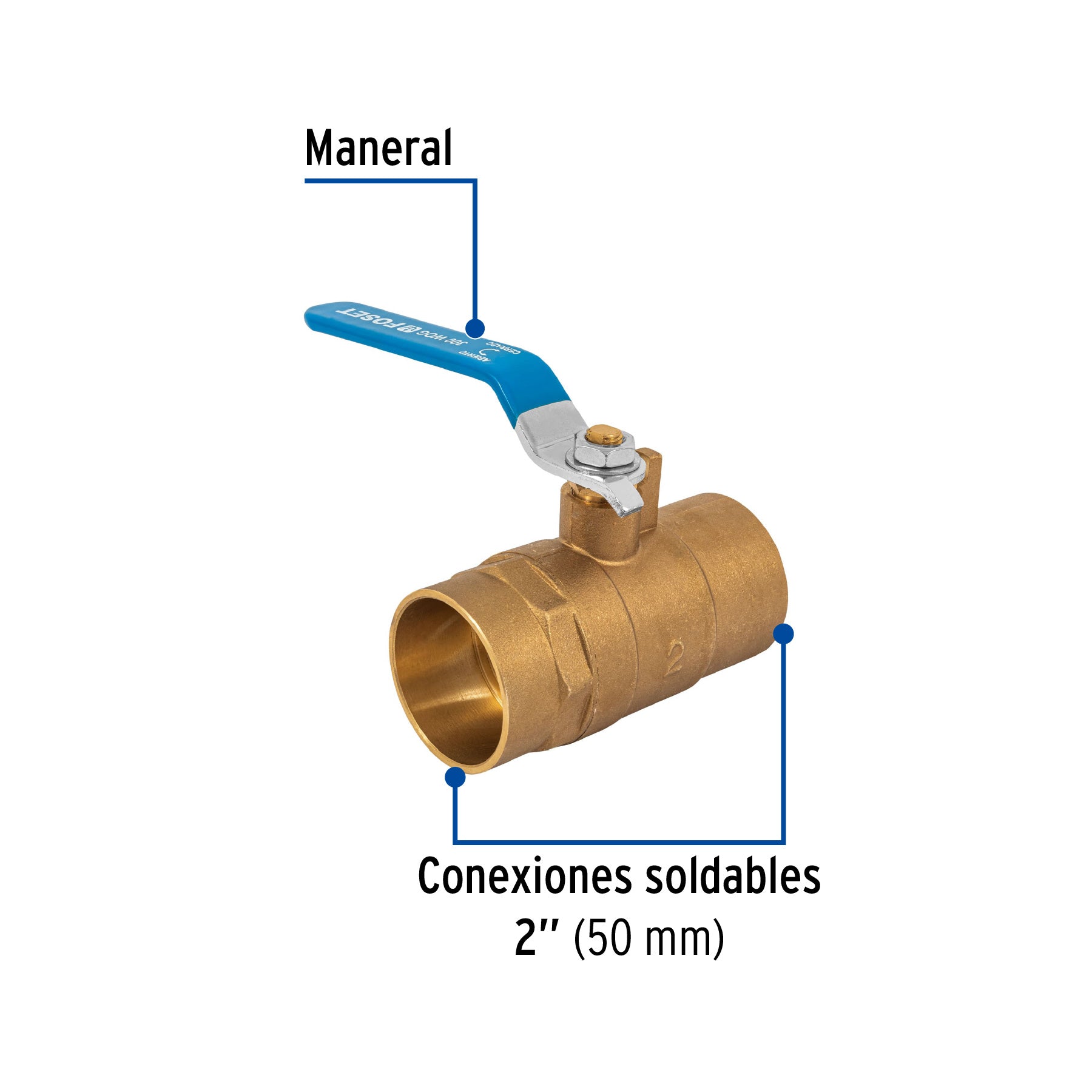 Válvula de esfera de latón, soldable 2', FOSET. Modelo: ESSO-2