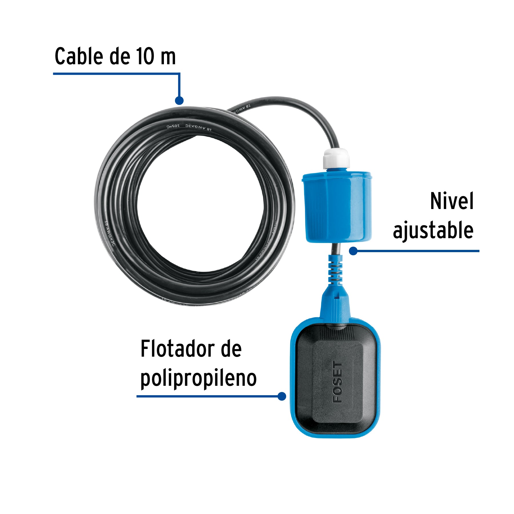 Flotador eléctrico con cable de 10 m, 10 A, FOSET. Modelo: FLE-10