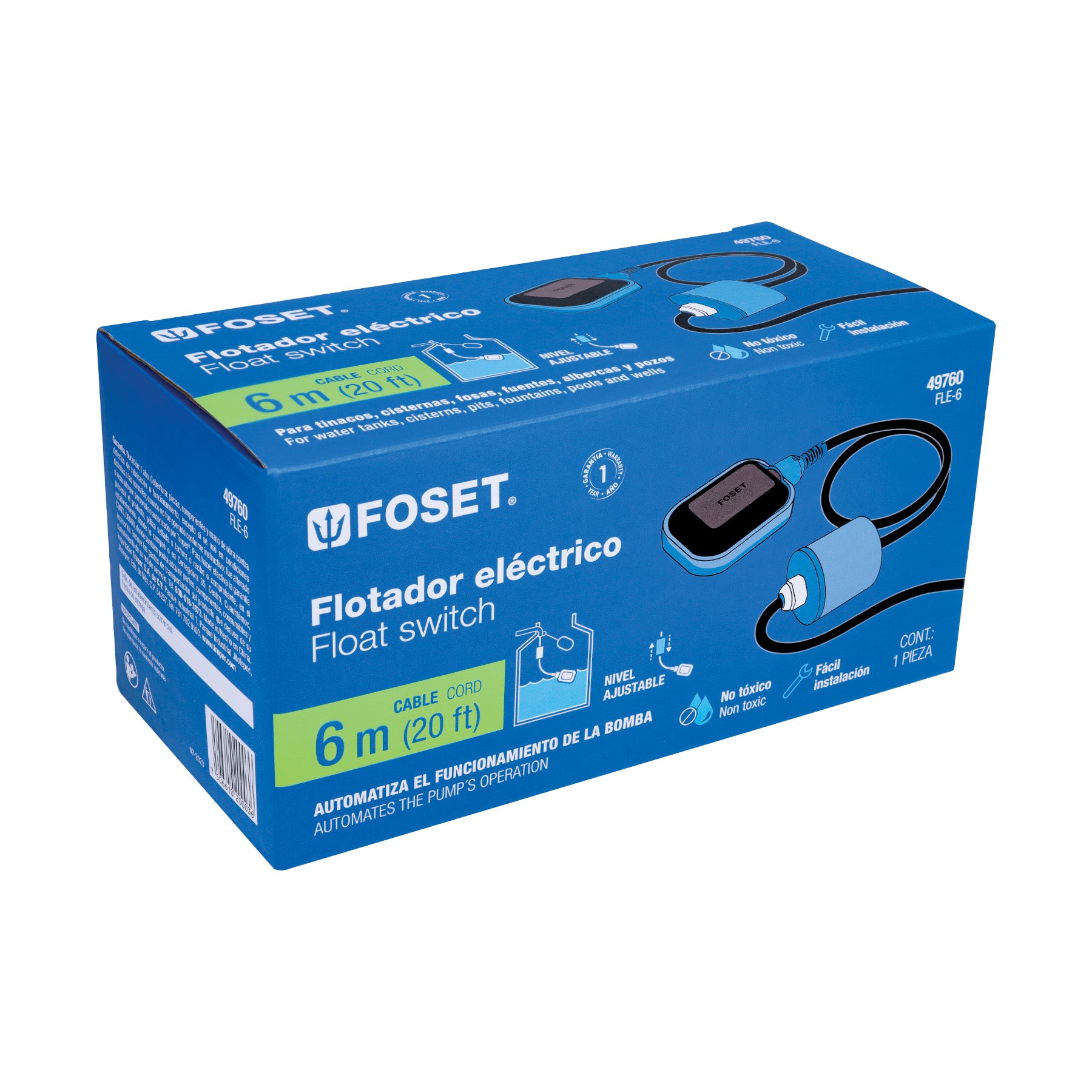 Flotador eléctrico con cable de 6 m, 10 A, FOSET. Modelo: FLE-6