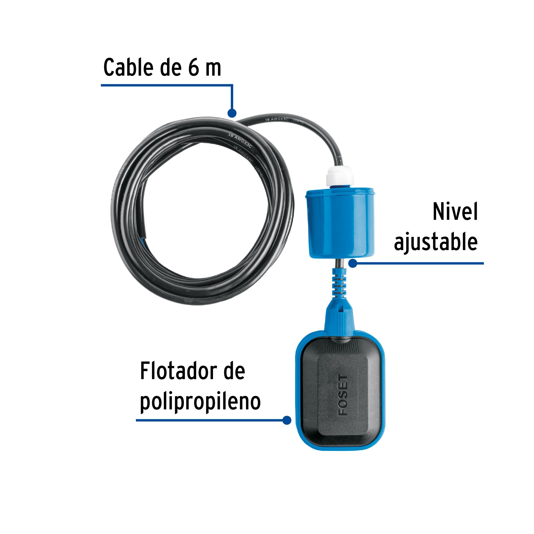 Flotador eléctrico con cable de 6 m, 10 A, FOSET. Modelo: FLE-6