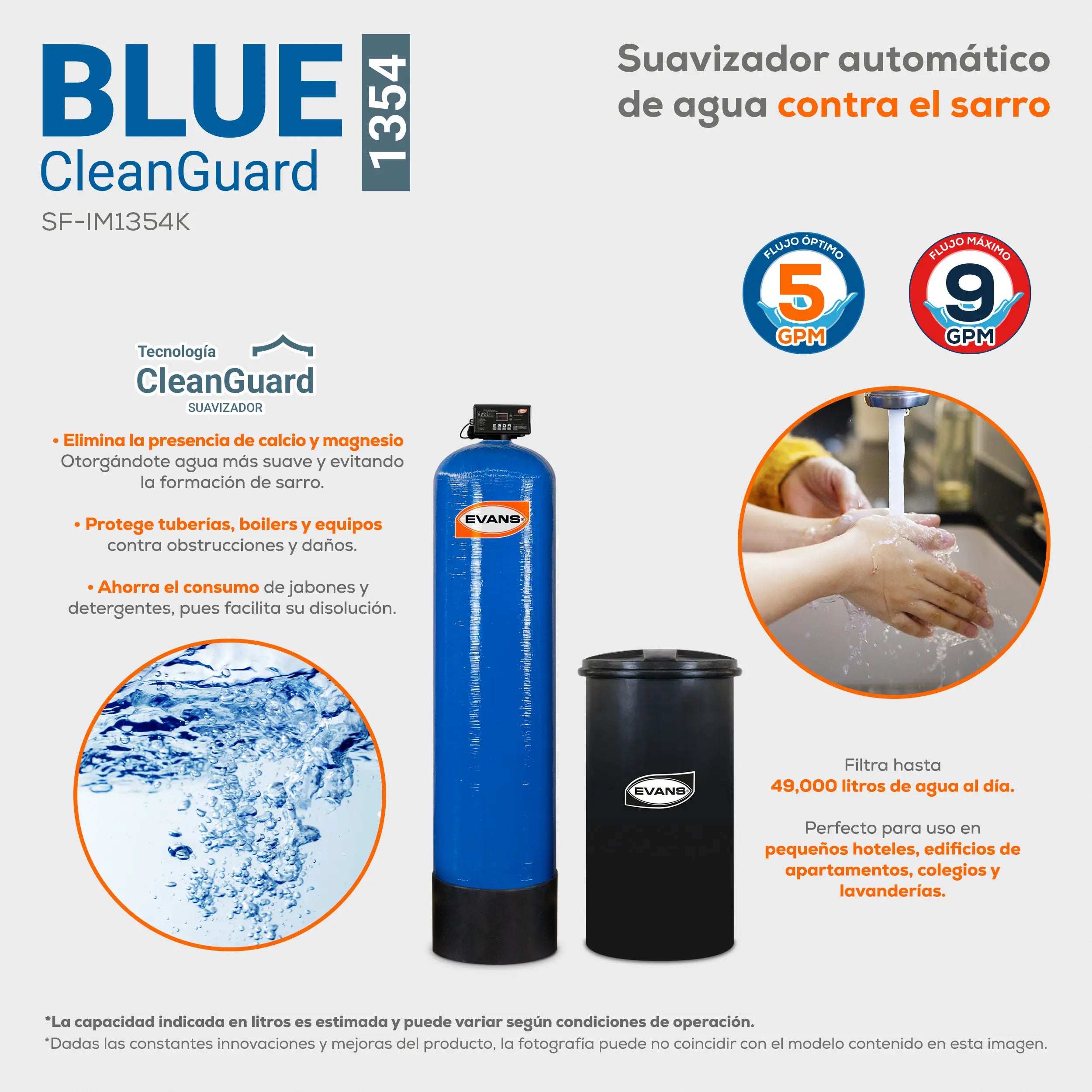 Suavizador de agua 13x54. 9 GPM 34 LPM Marca EVANS. Modelo: SF-IM1354K