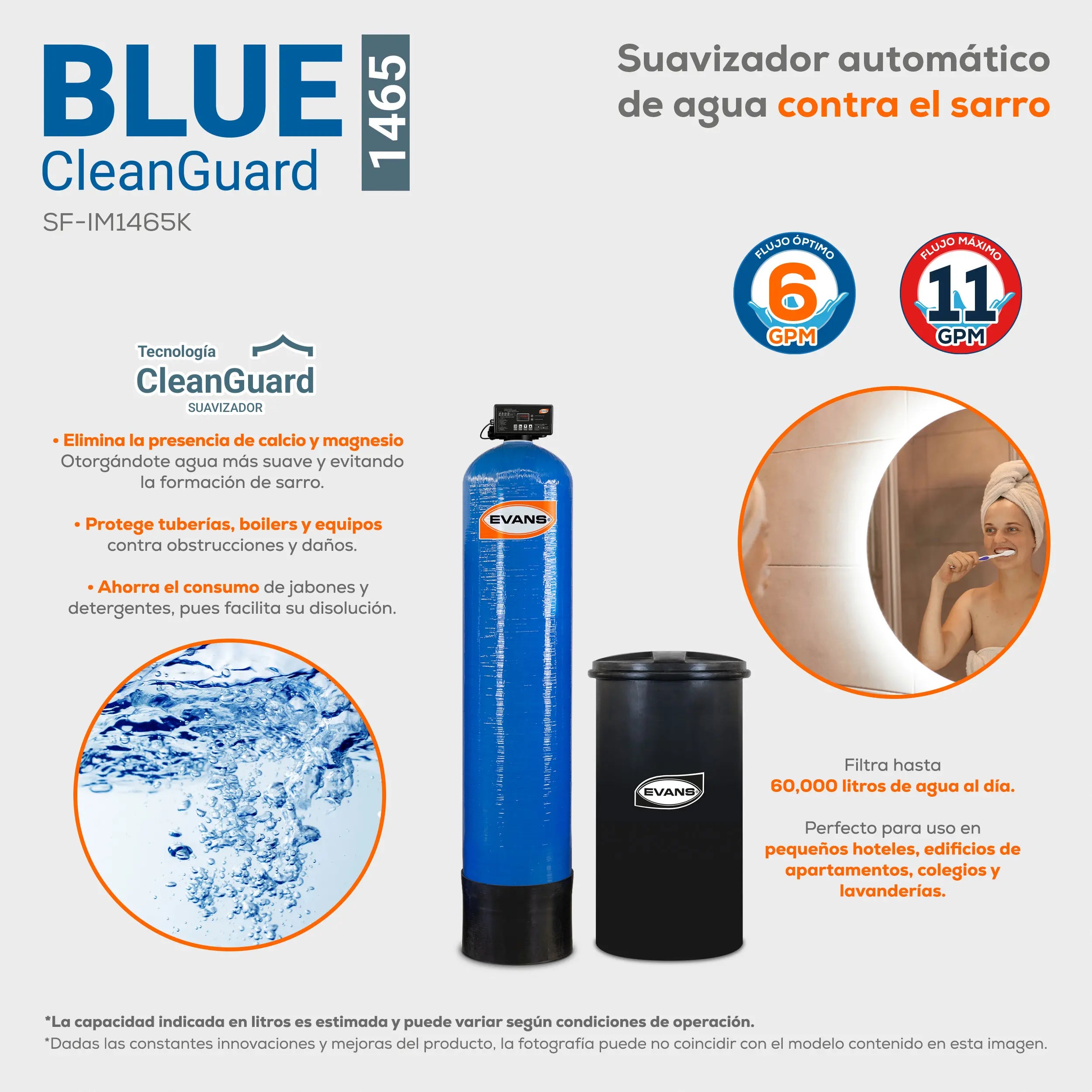 Suavizador de agua 14x65. 11 GPM 42 LPM Marca EVANS. Modelo: SF-IM1465K