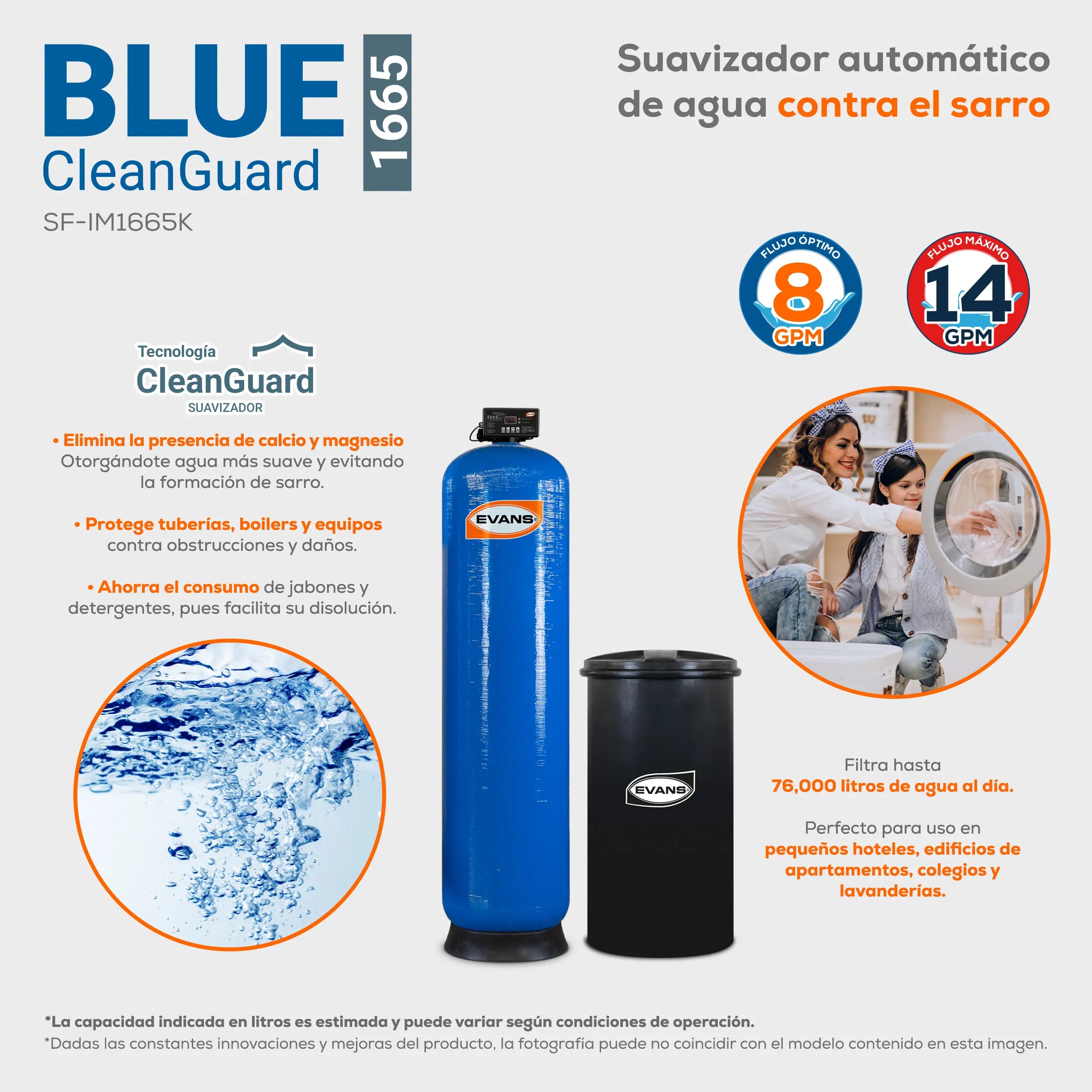 Suavizador de agua 16x65. 14 GPM 53 LPM Marca EVANS. Modelo: SF-IM1665K