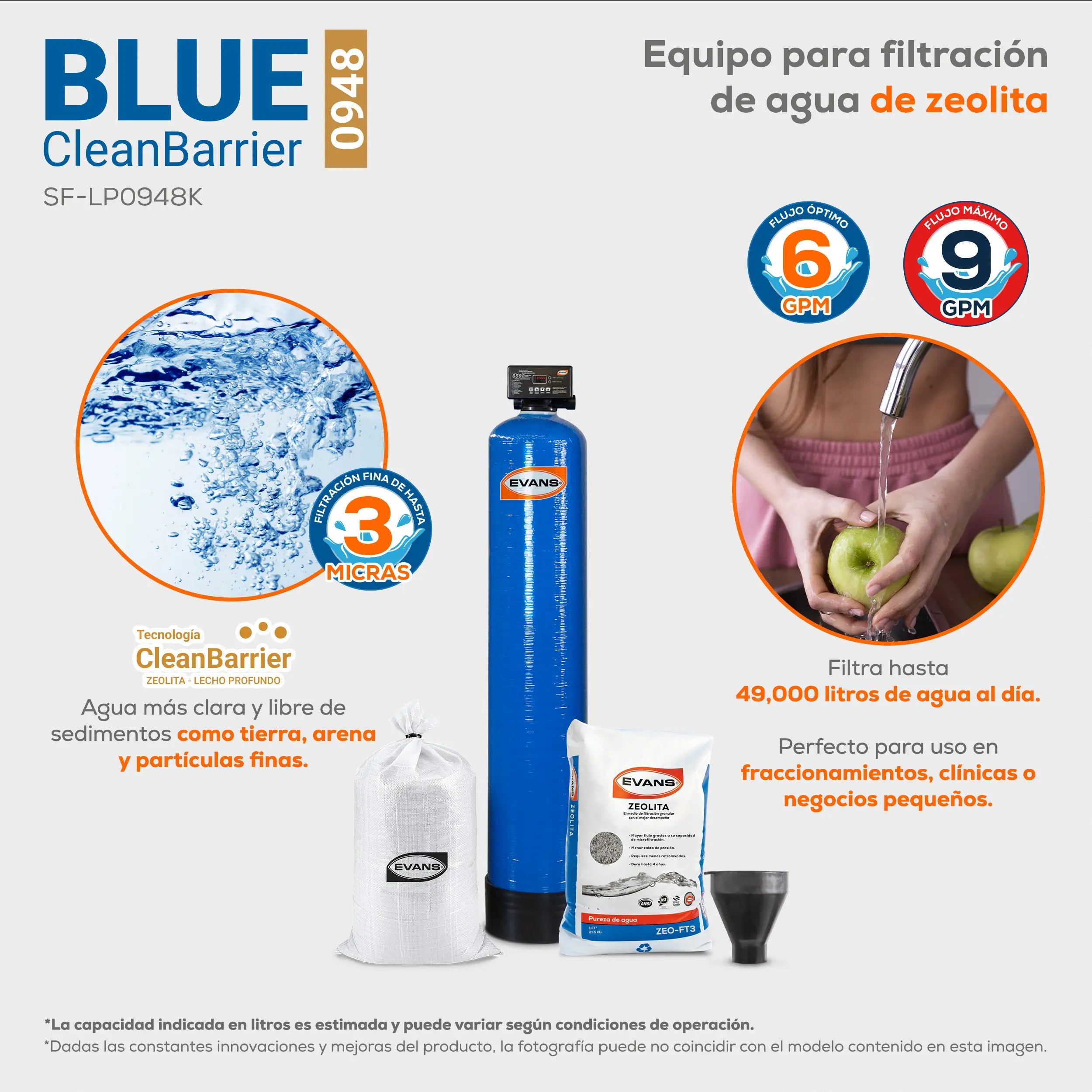 Filtro zeolita 09x48. 9 GPM 34 LPM Marca EVANS. Modelo: SF-LP0948K