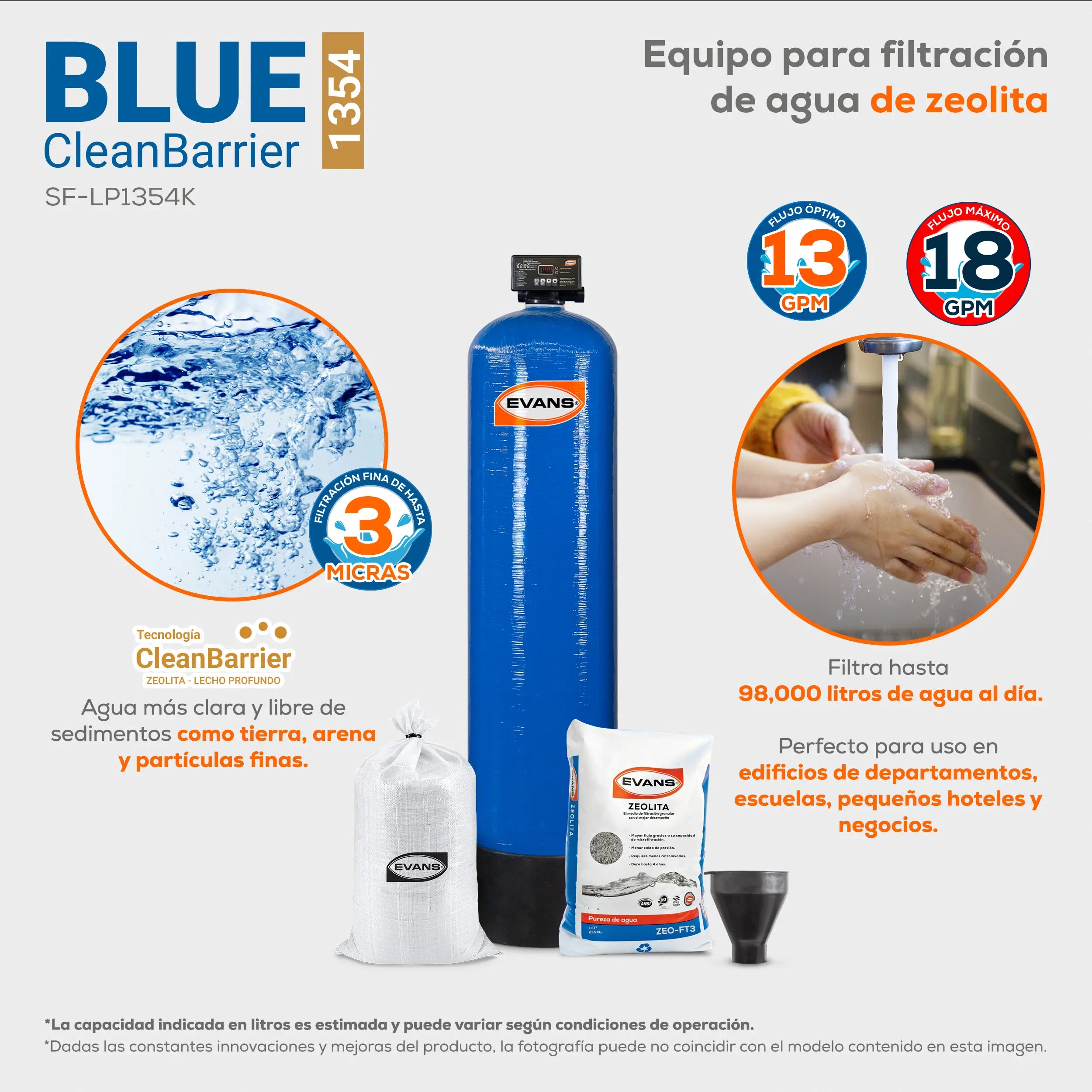 Filtro zeolita 13x54. 18 GPM 68 LPM Marca EVANS. Modelo: SF-LP1354K