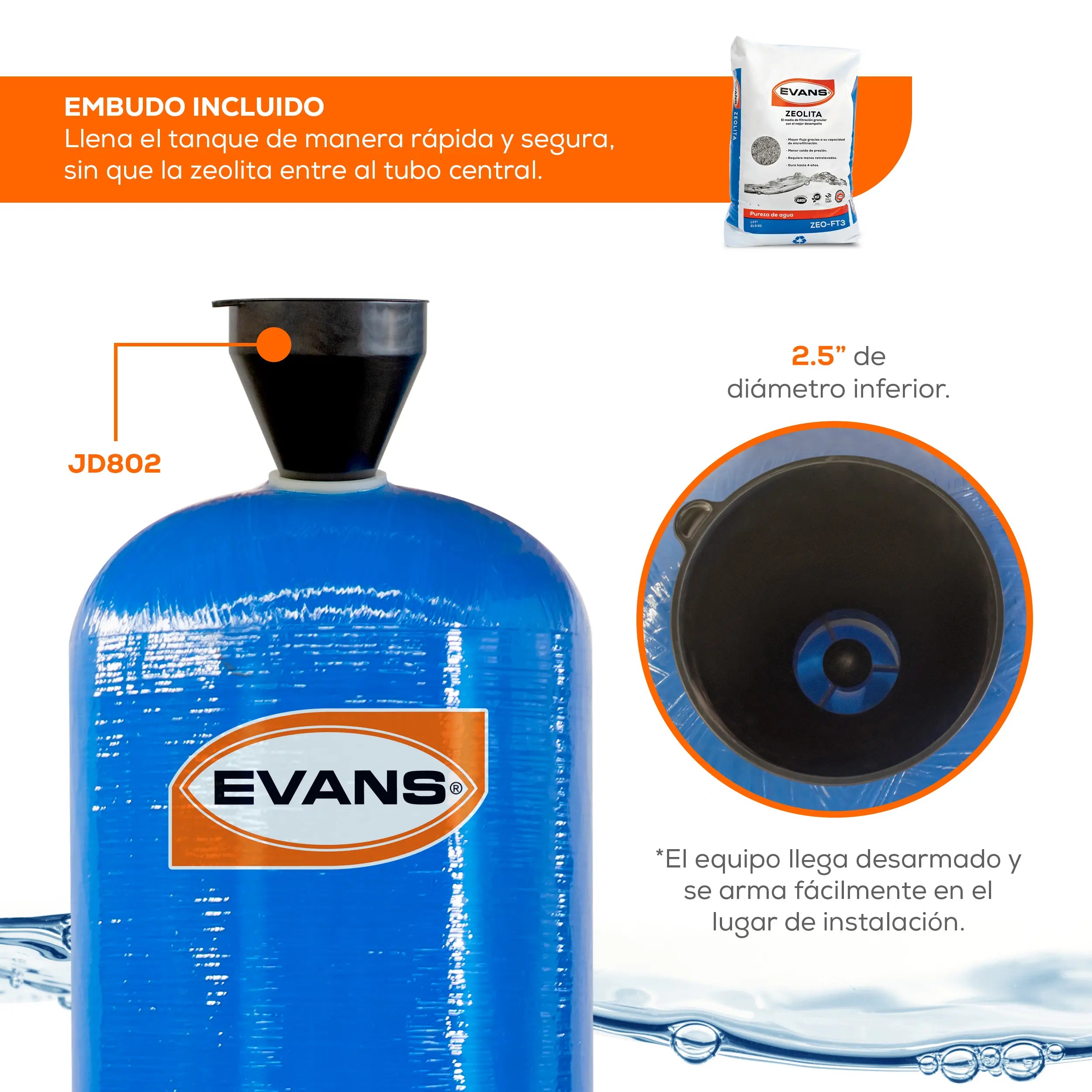 Filtro zeolita 13x54. 18 GPM 68 LPM Marca EVANS. Modelo: SF-LP1354K