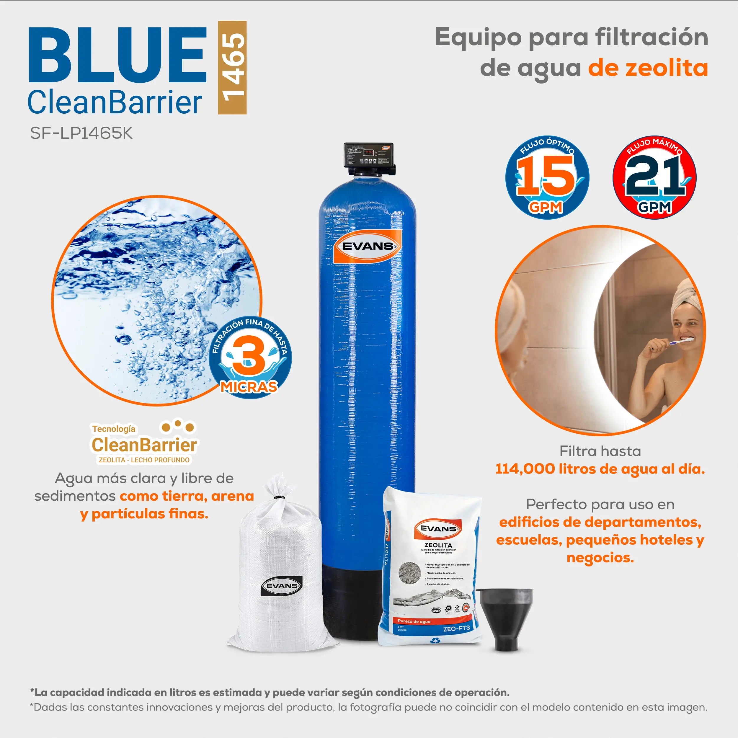 Filtro zeolita 14x65. 21 GPM 79 LPM Marca EVANS. Modelo: SF-LP1465K