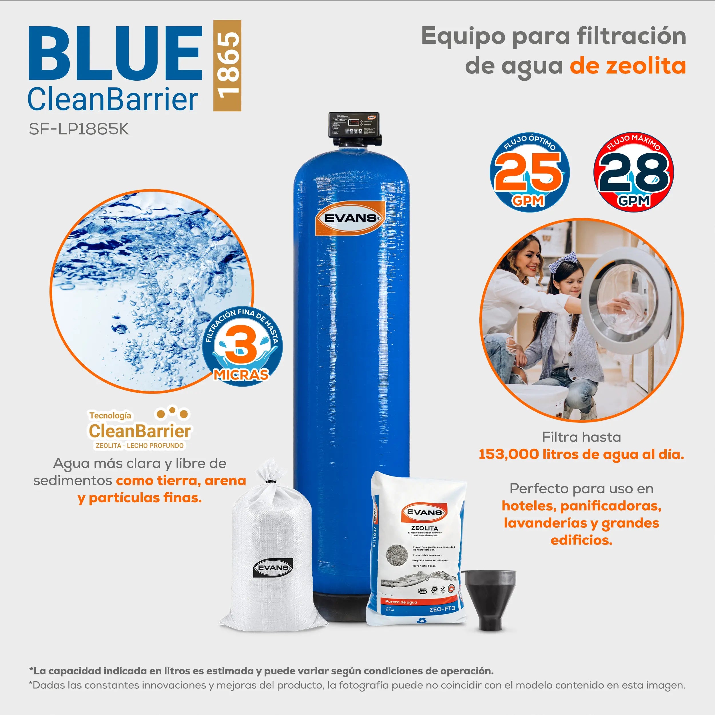 Filtro zeolita 18x65. 28 GPM 114 LPM Marca EVANS. Modelo: SF-LP1865K