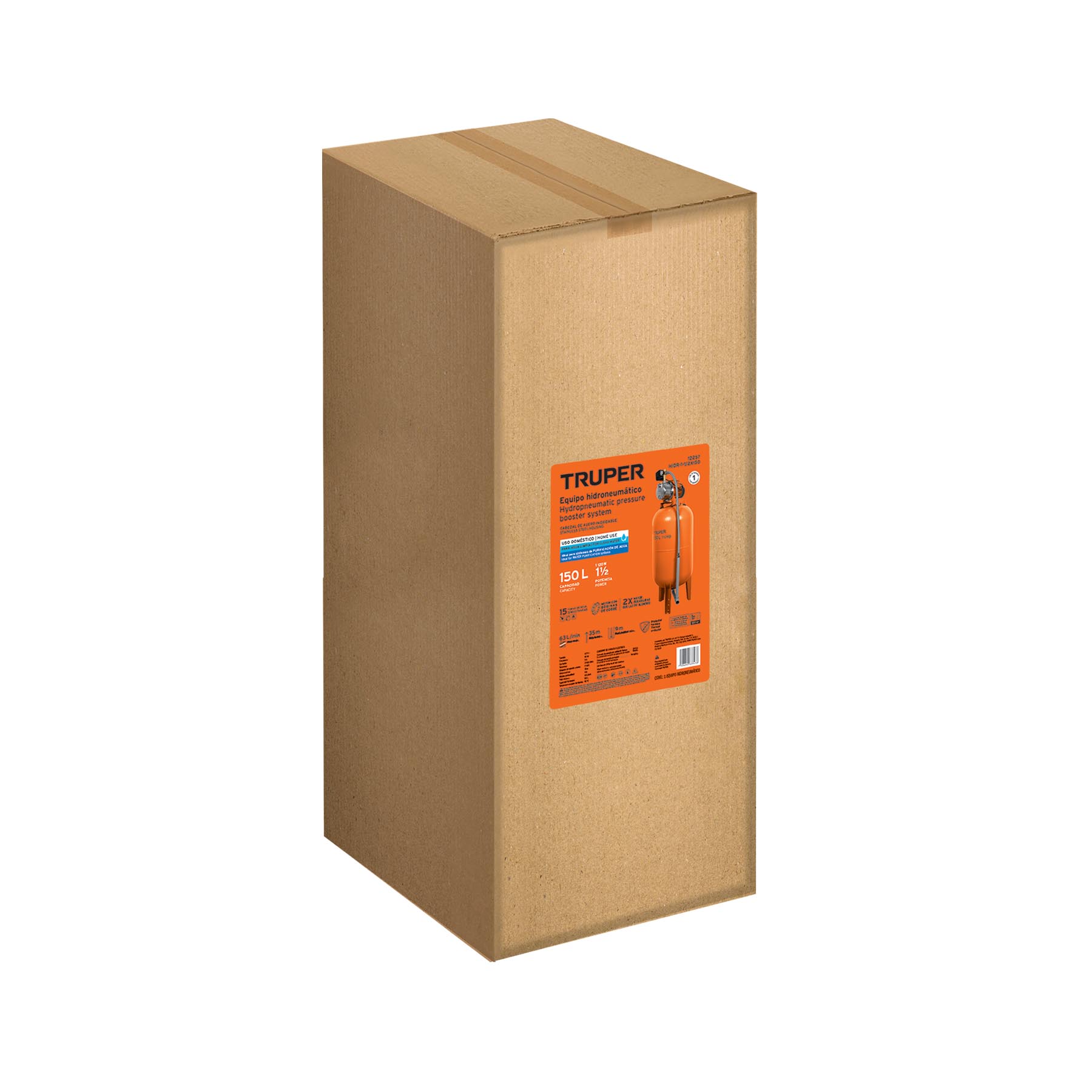 Equipo hidroneumático 150L, jet inoxidable 1-1/2 HP, TRUPER. Modelo: HIDR-1-1/2X150