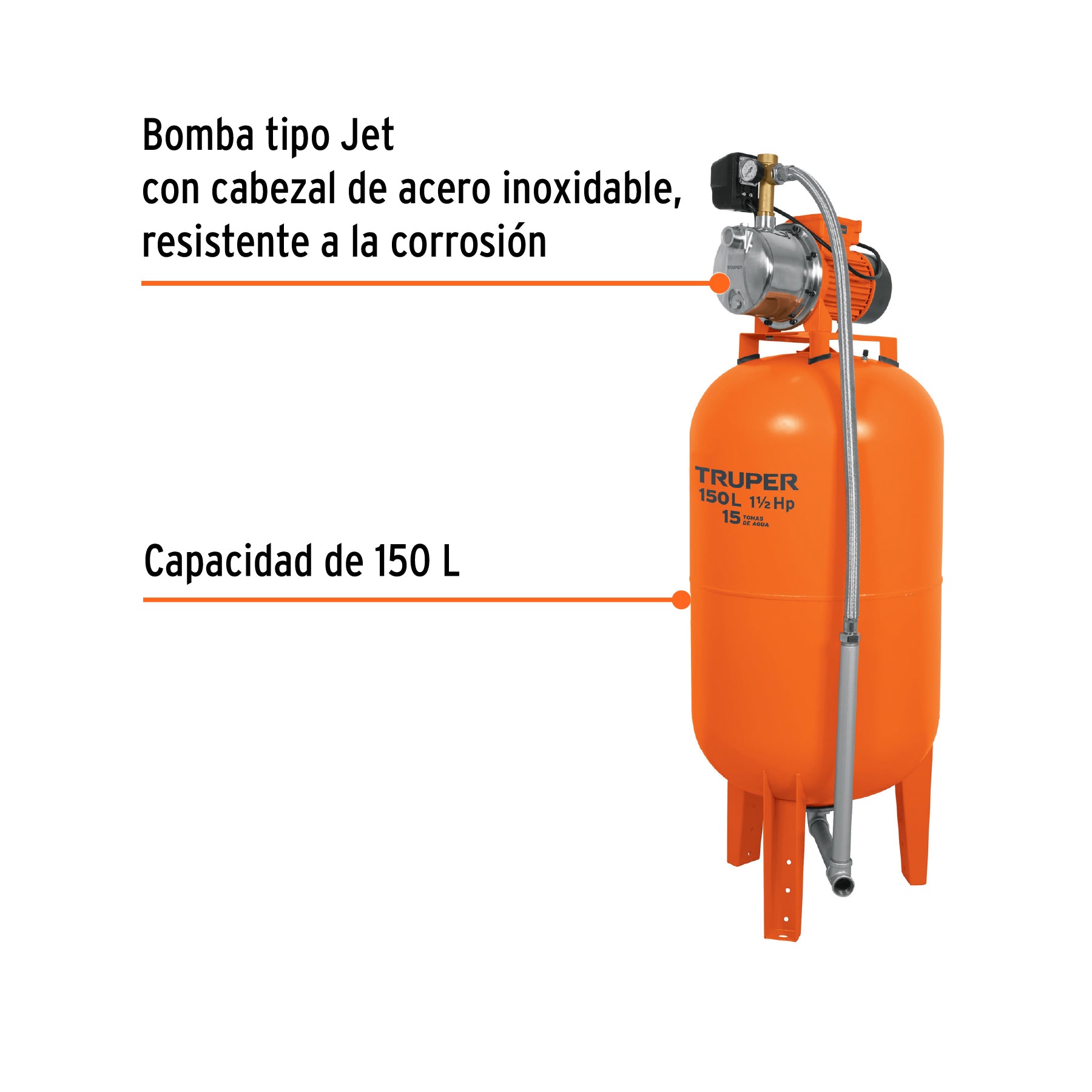 Equipo hidroneumático 150L, jet inoxidable 1-1/2 HP, TRUPER. Modelo: HIDR-1-1/2X150