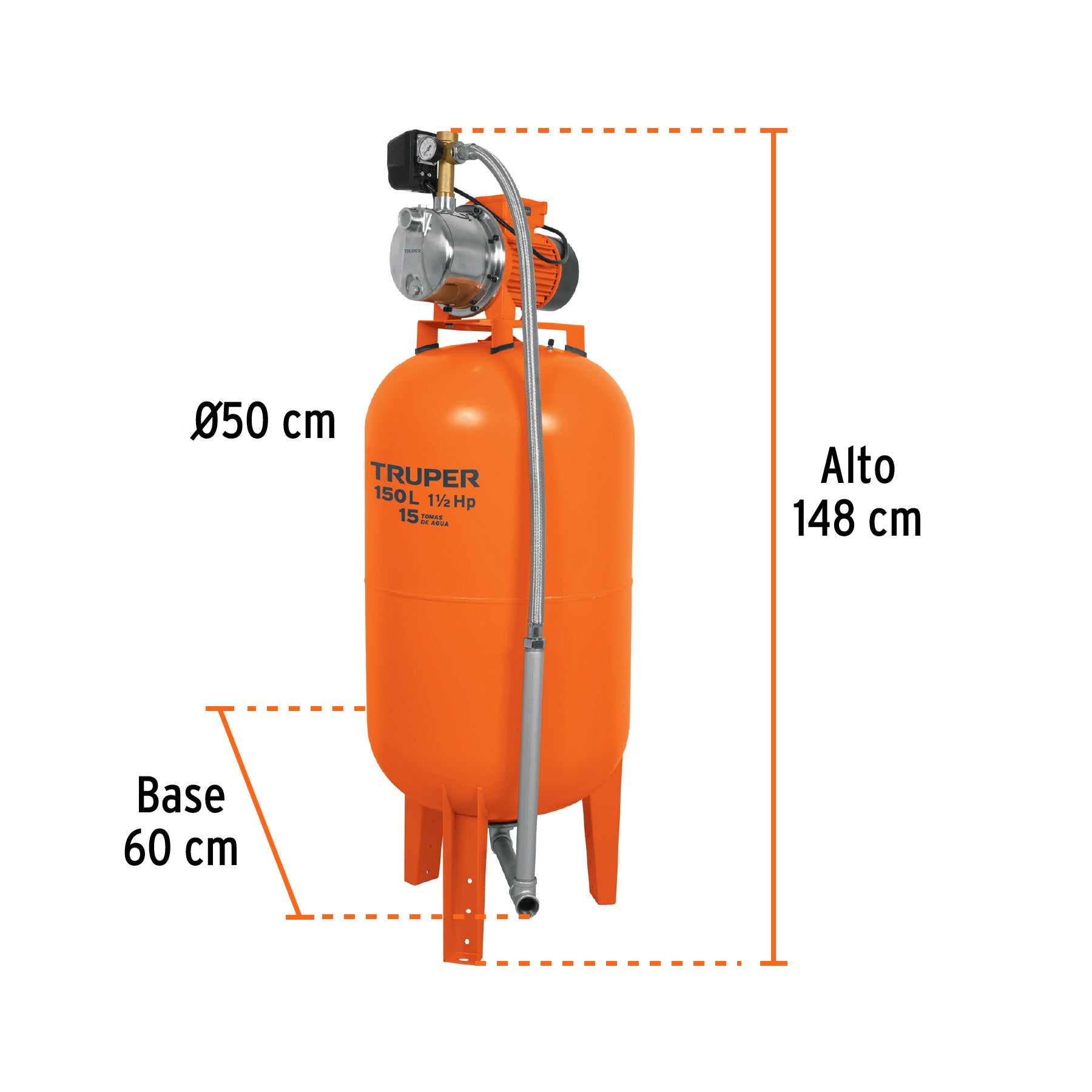 Equipo hidroneumático 150L, jet inoxidable 1-1/2 HP, TRUPER. Modelo: HIDR-1-1/2X150