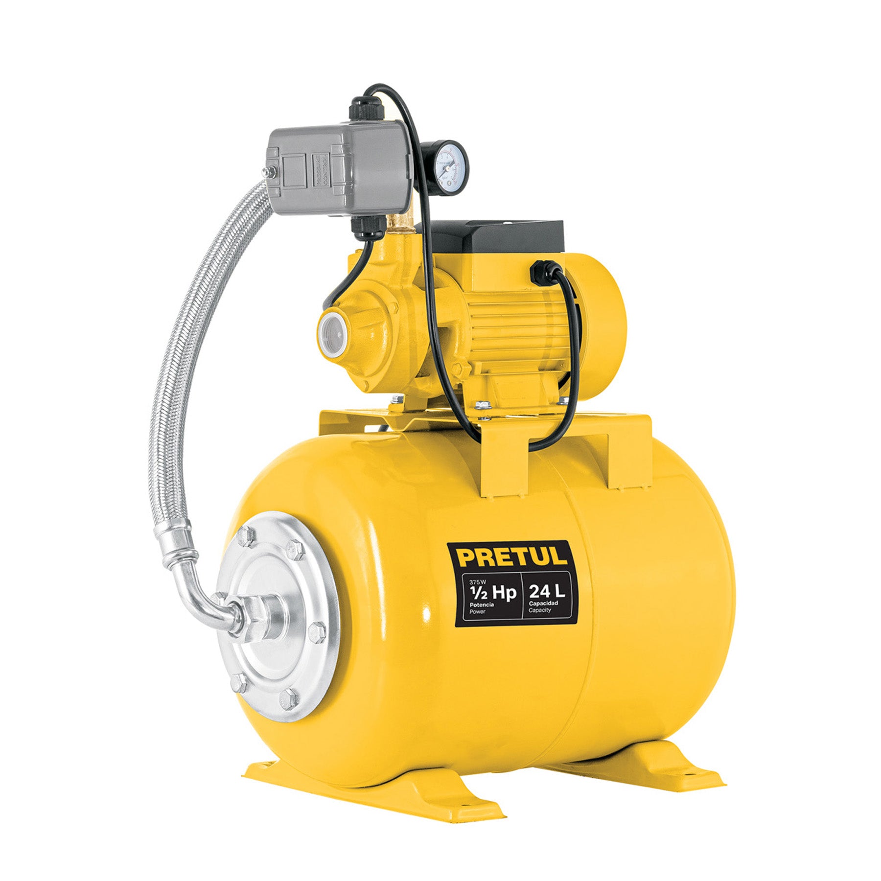 Equipo hidroneumático 24L, bomba periférica 1/2 HP, PRETUL. Modelo: HIDR-1/2X24P