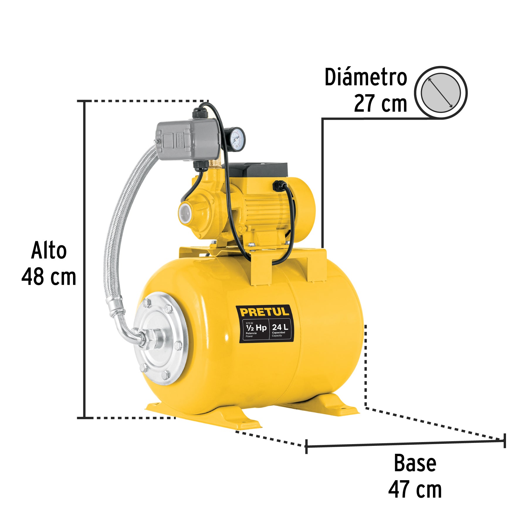 Equipo hidroneumático 24L, bomba periférica 1/2 HP, PRETUL. Modelo: HIDR-1/2X24P