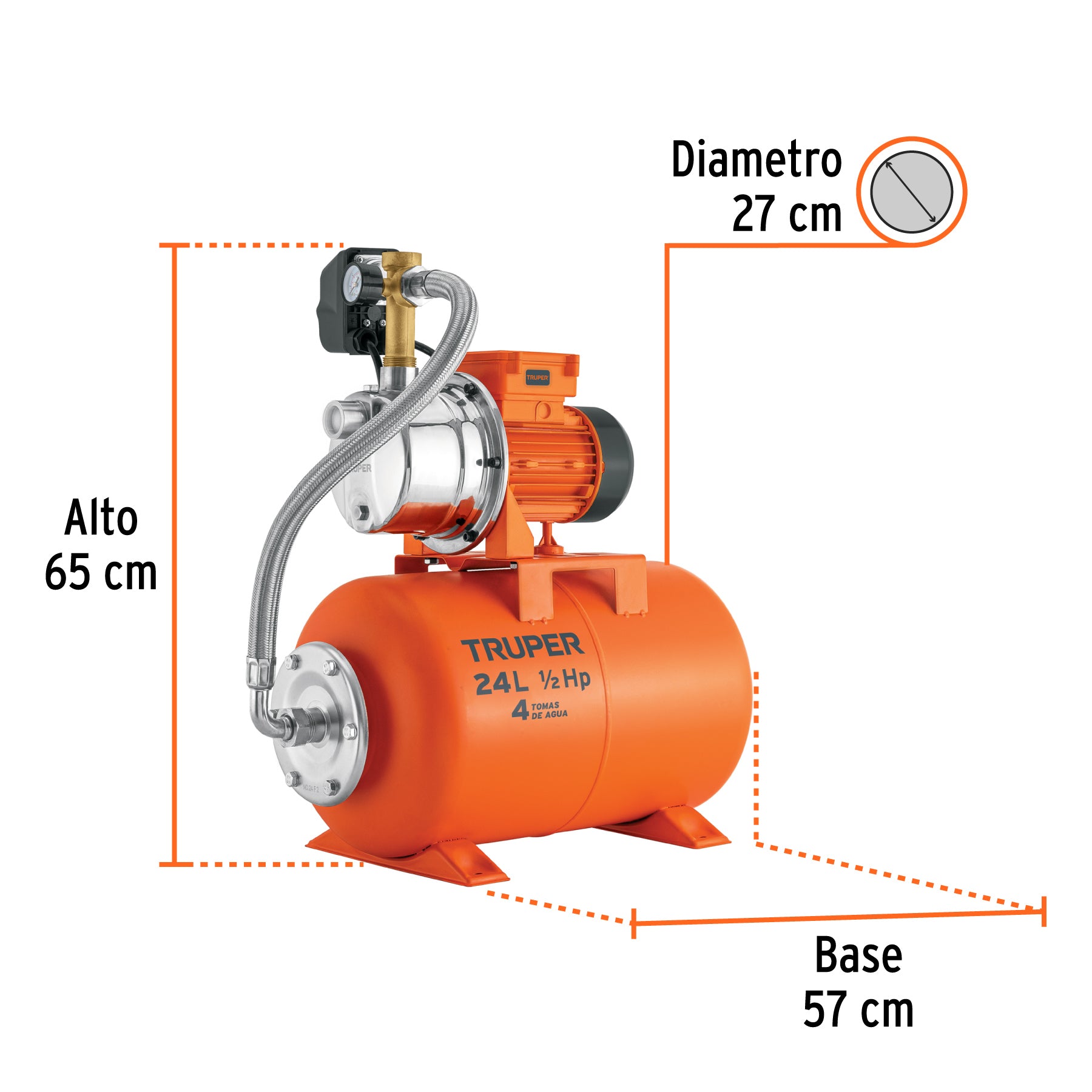Equipo hidroneumático 24L, jet inoxidable 1/2 HP, TRUPER. Modelo: HIDR-1/2X24