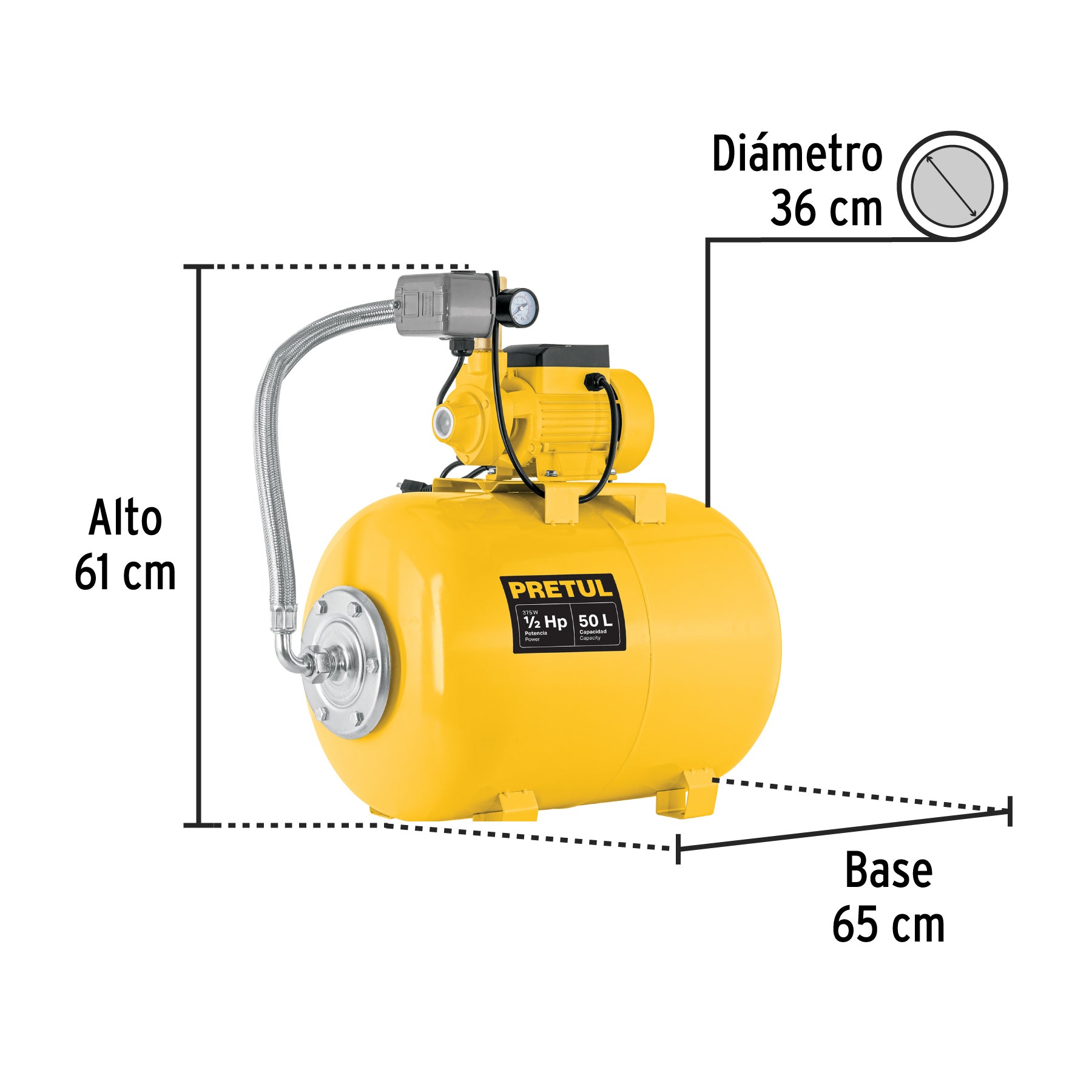 Equipo hidroneumático 50L, bomba periférica 1/2 HP, PRETUL. Modelo: HIDR-1/2X50P