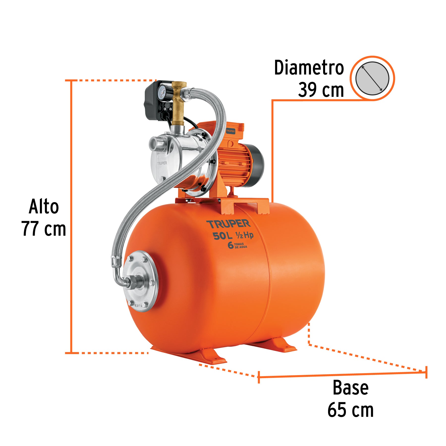Equipo hidroneumático 50L, jet inoxidable 1/2 HP, TRUPER. Modelo: HIDR-1/2X50