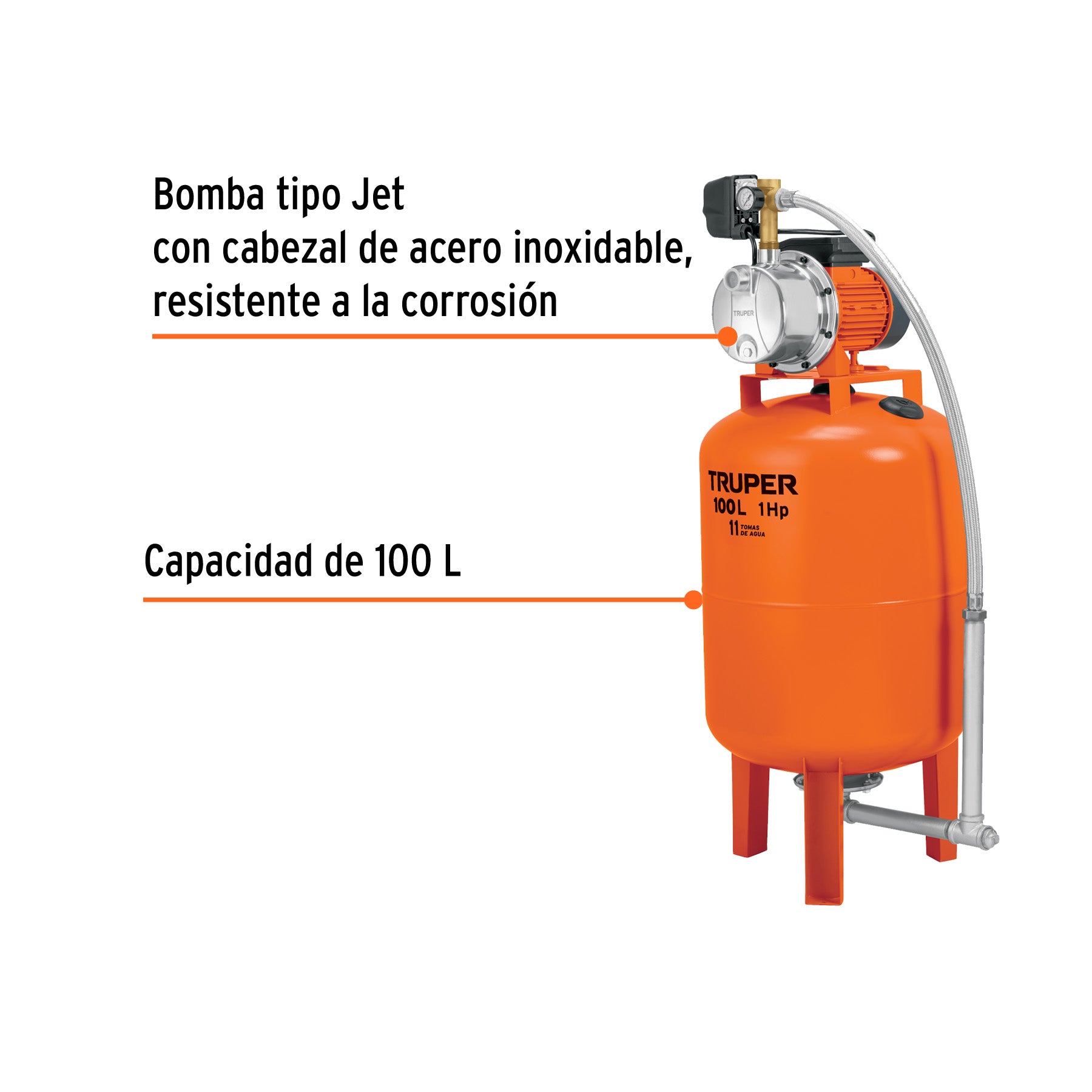 Equipo hidroneumático 100L, jet inoxidable 1 HP, TRUPER. Modelo: HIDR-1X100