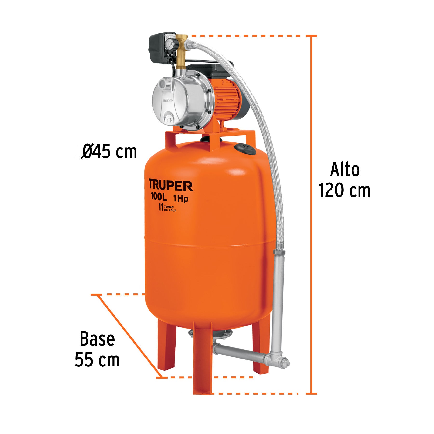 Equipo hidroneumático 100L, jet inoxidable 1 HP, TRUPER. Modelo: HIDR-1X100
