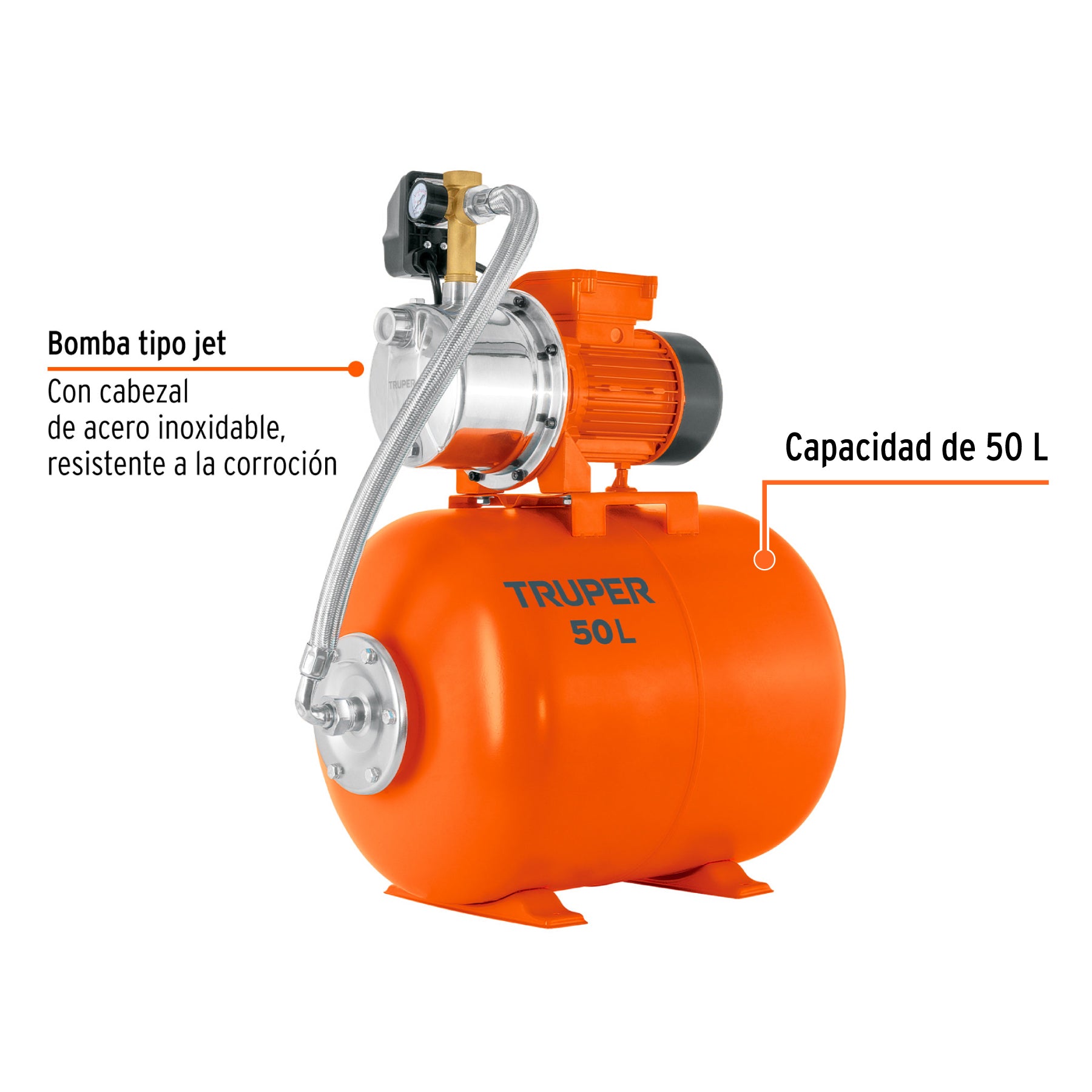 Equipo hidroneumático 50L, jet inoxidable 1 HP, TRUPER. Modelo: HIDR-1X50