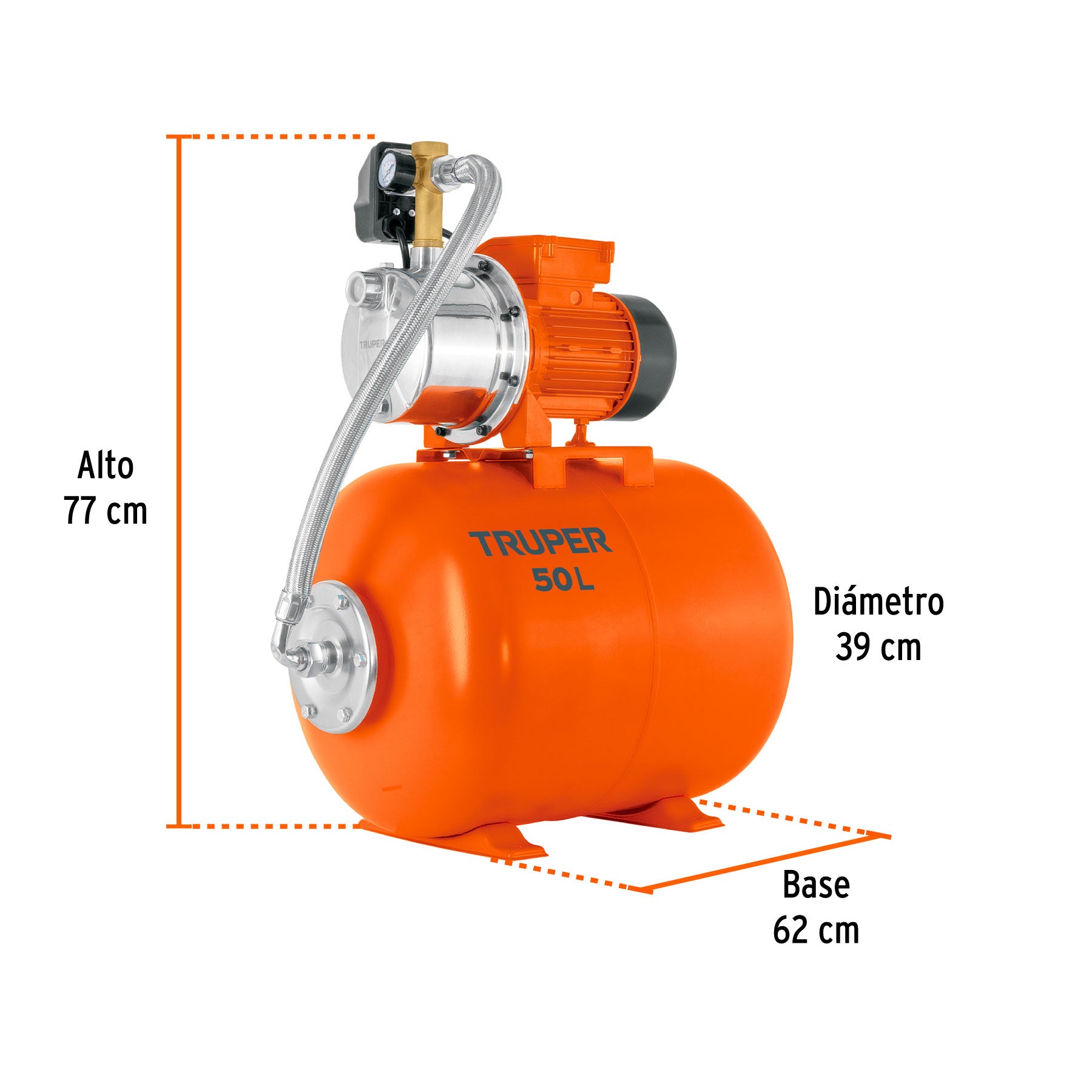 Equipo hidroneumático 50L, jet inoxidable 1 HP, TRUPER. Modelo: HIDR-1X50