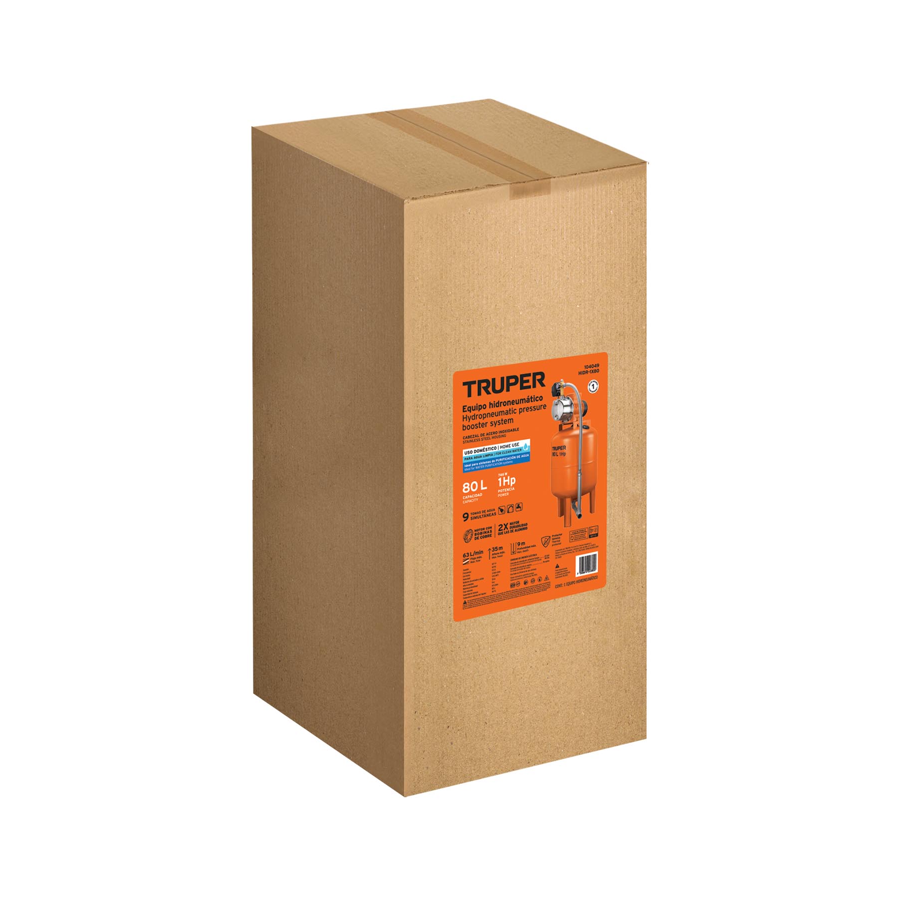 Equipo hidroneumático 80L, jet inoxidable 1 HP, TRUPER. Modelo: HIDR-1X80