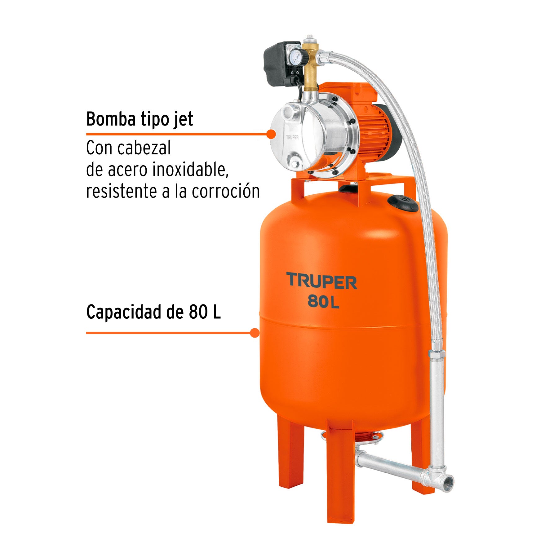 Equipo hidroneumático 80L, jet inoxidable 1 HP, TRUPER. Modelo: HIDR-1X80