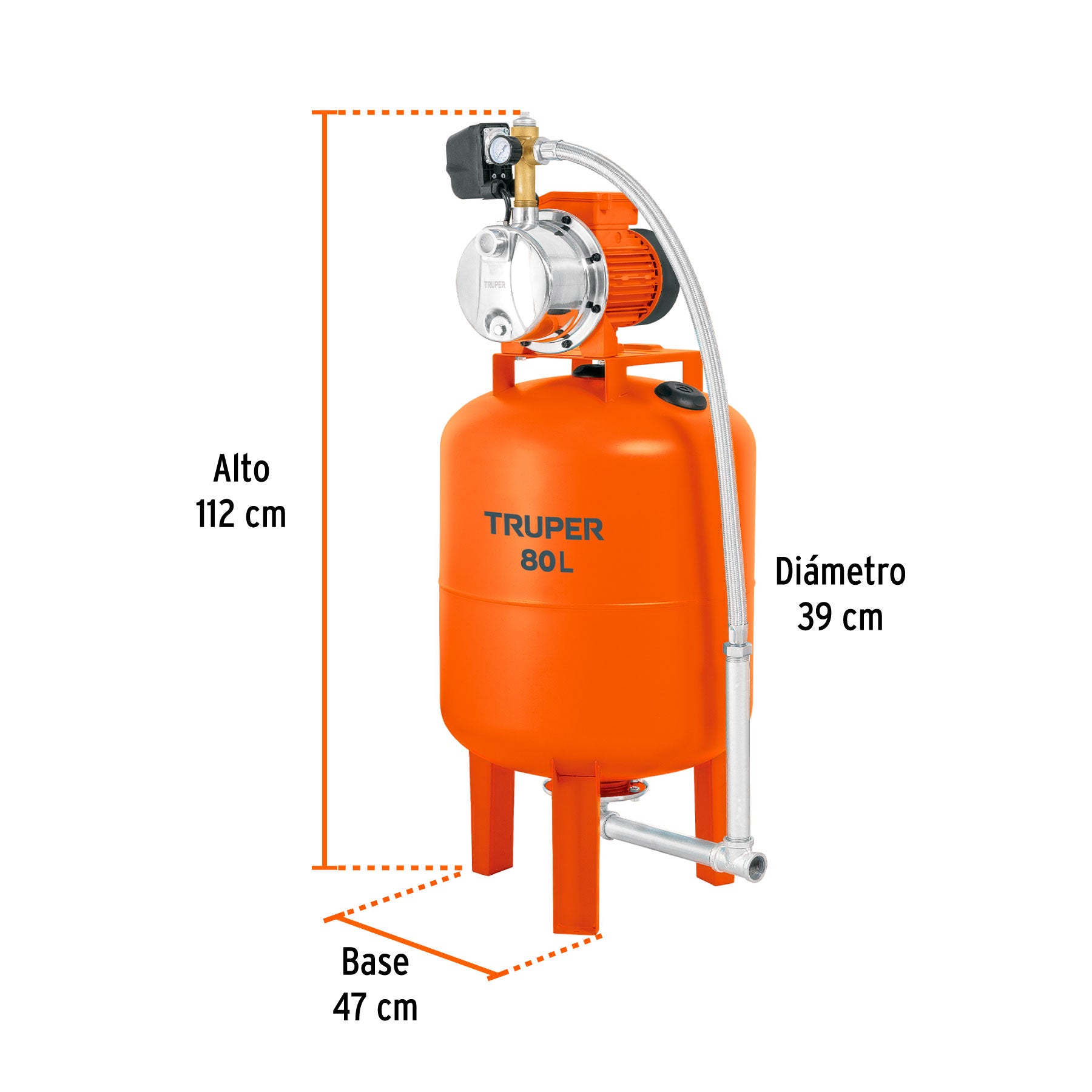 Equipo hidroneumático 80L, jet inoxidable 1 HP, TRUPER. Modelo: HIDR-1X80