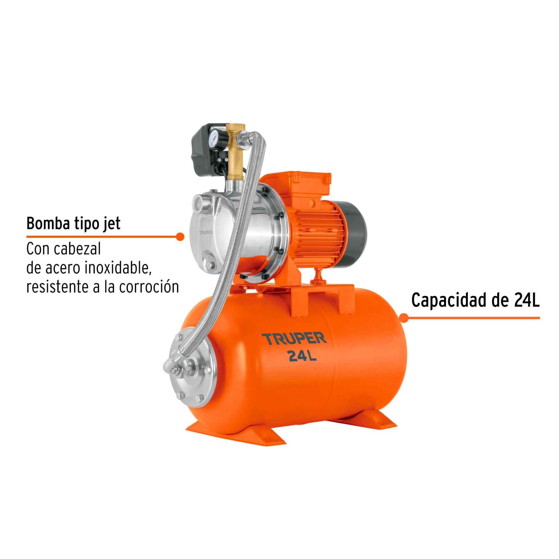 Equipo hidroneumático 24L, jet inoxidable 3/4 HP, TRUPER. Modelo: HIDR-3/4X24