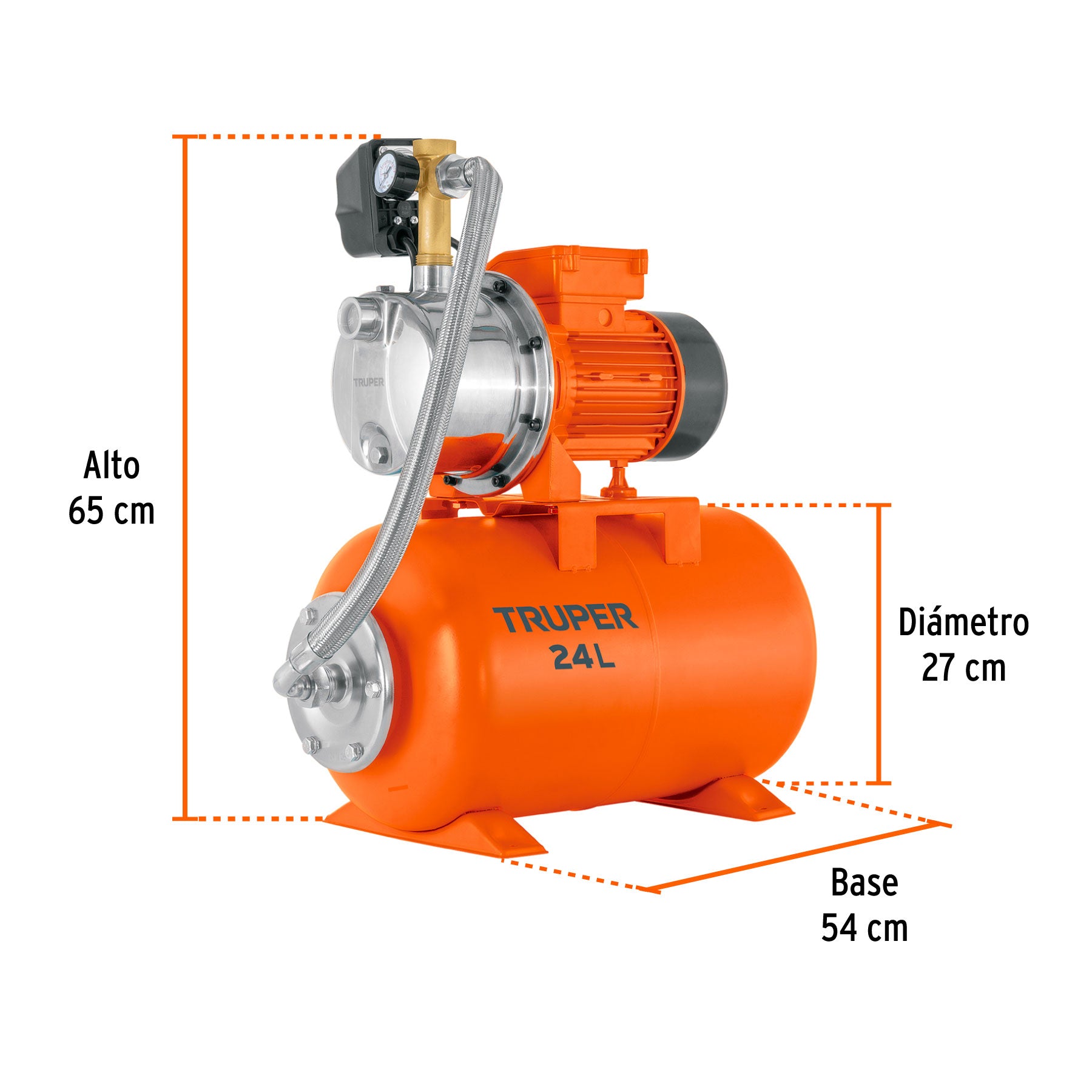 Equipo hidroneumático 24L, jet inoxidable 3/4 HP, TRUPER. Modelo: HIDR-3/4X24