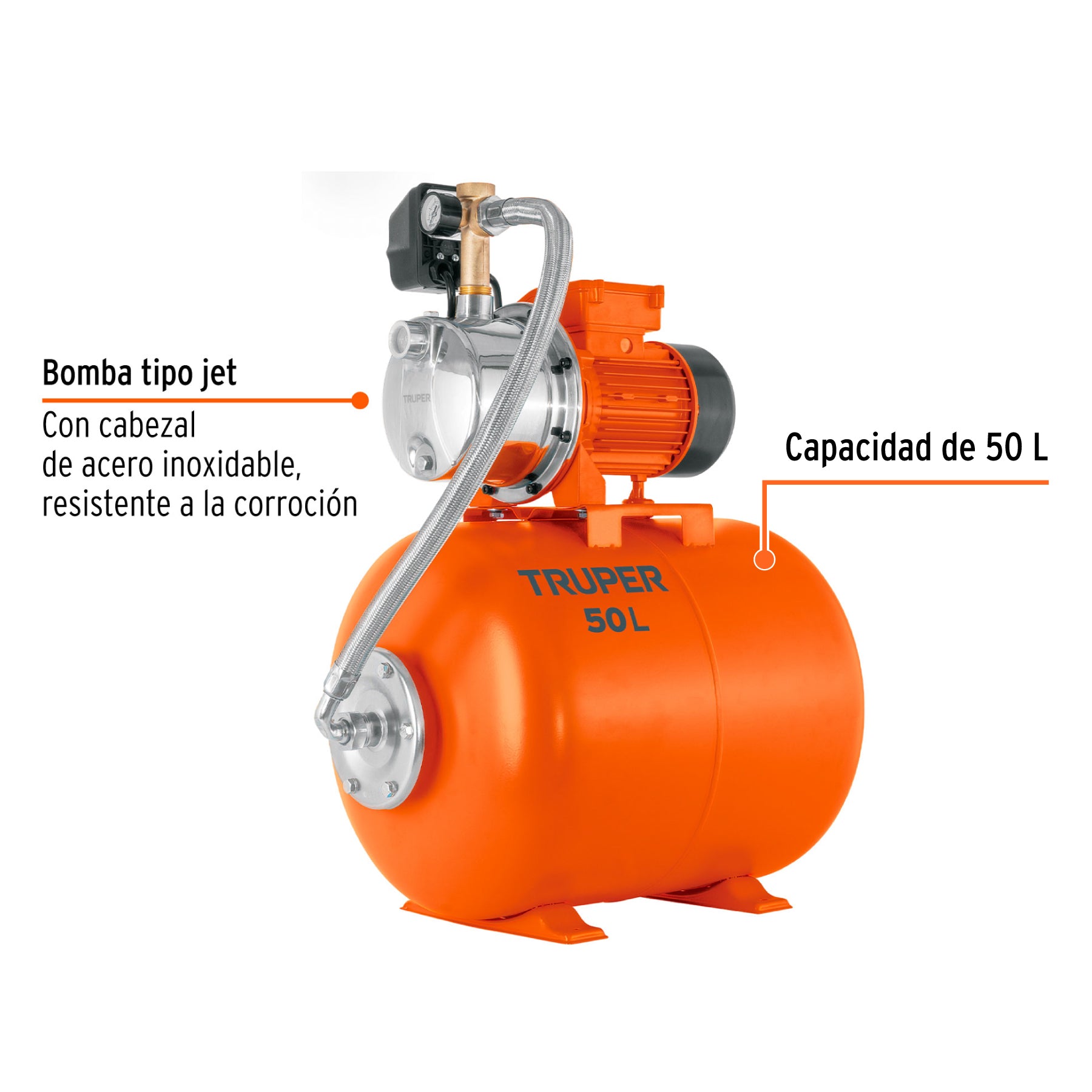 Equipo hidroneumático 50L, jet inoxidable 3/4 HP, TRUPER. Modelo: HIDR-3/4X50