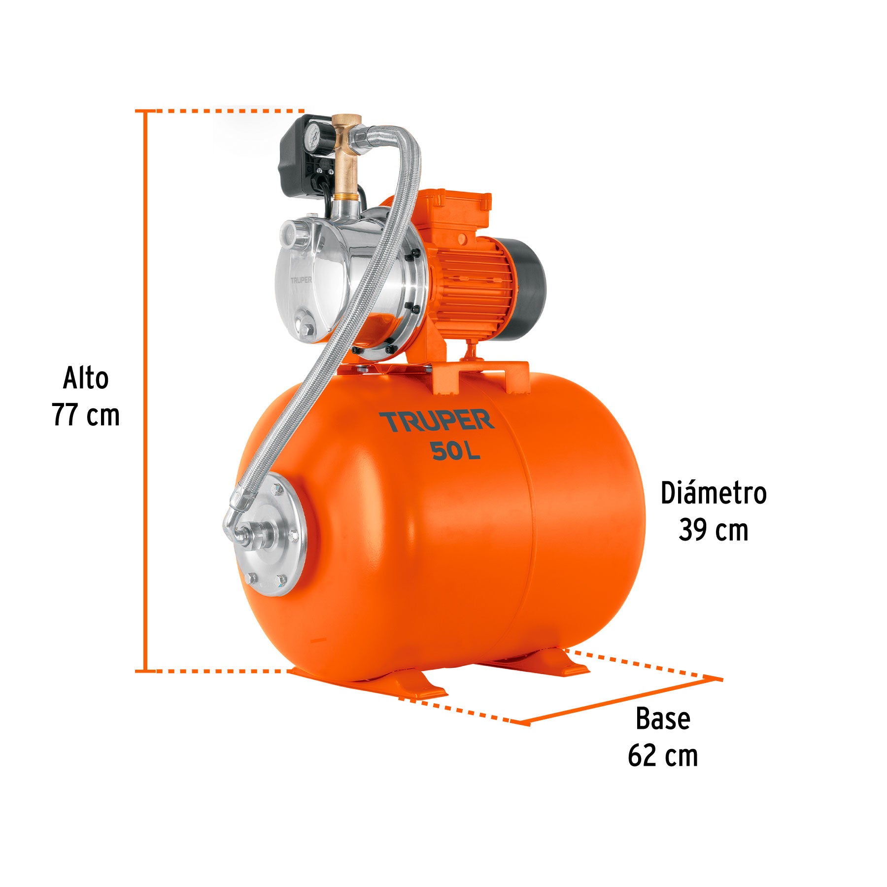 Equipo hidroneumático 50L, jet inoxidable 3/4 HP, TRUPER. Modelo: HIDR-3/4X50
