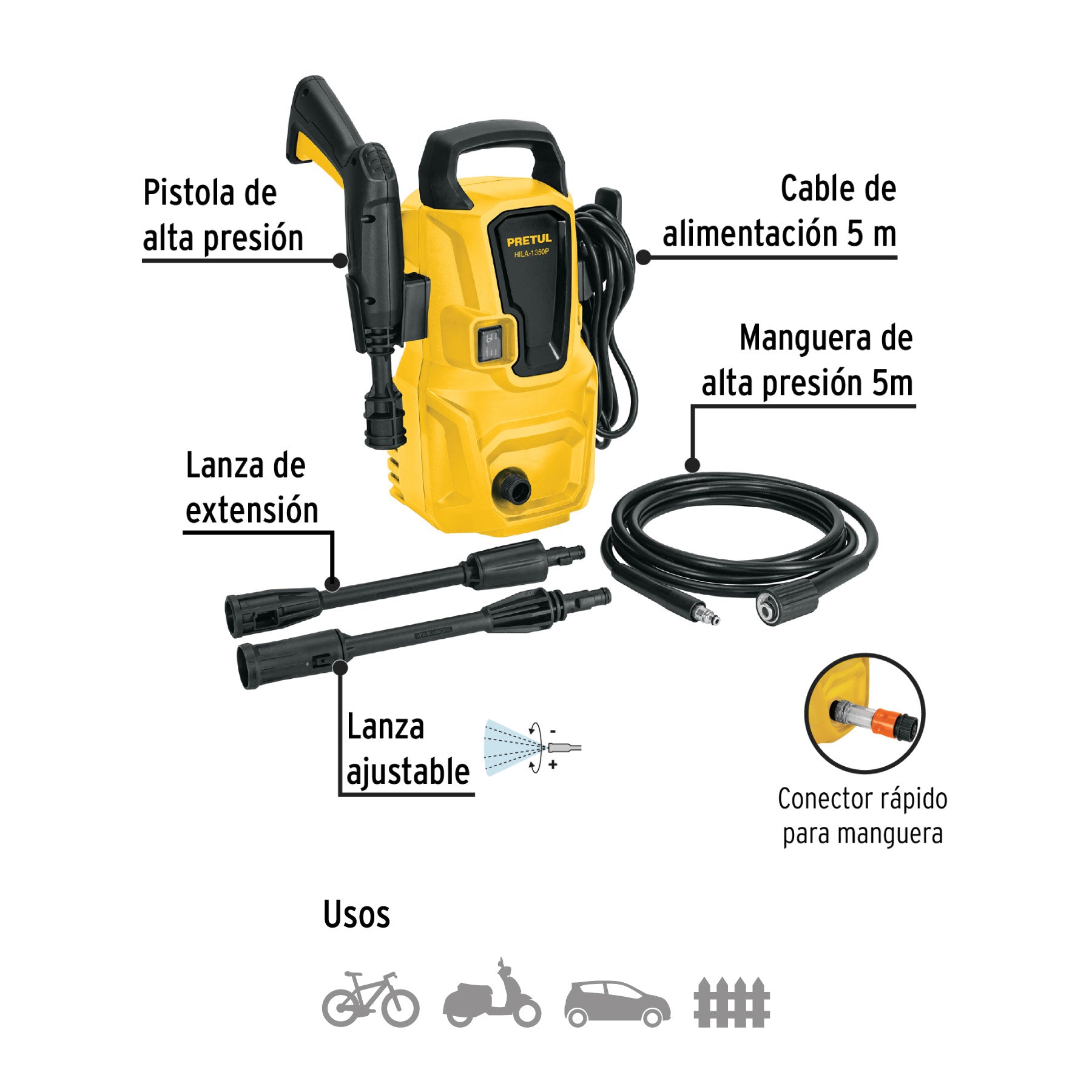 Hidrolavadora eléctrica 1350 PSI, PRETUL. Modelo: HILA-1350P