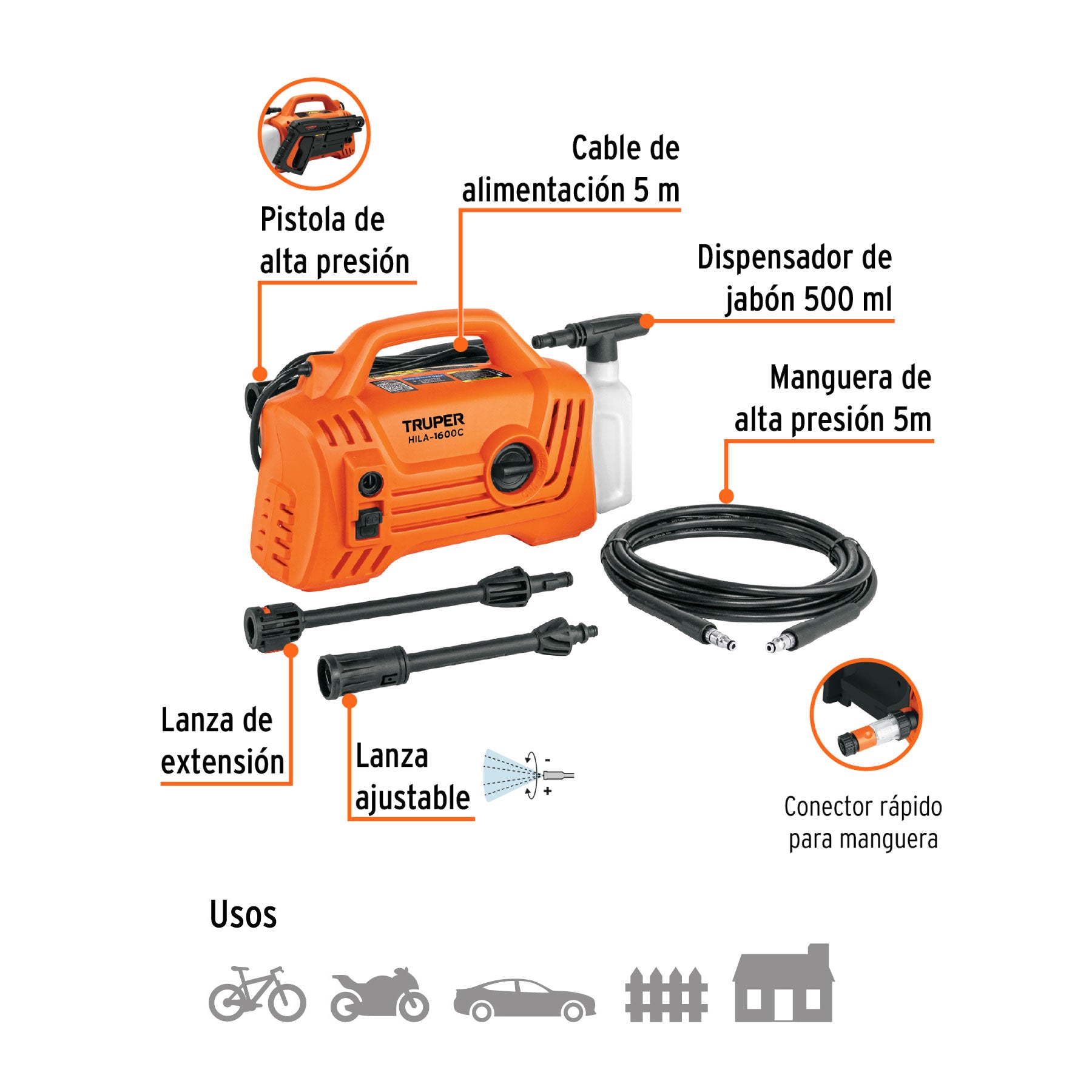 Hidrolavadora eléctrica compacta 1600 PSI, TRUPER. Modelo: HILA-1600C