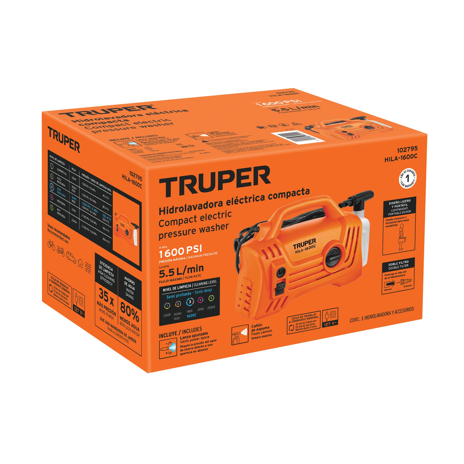 Hidrolavadora eléctrica compacta 1600 PSI, TRUPER. Modelo: HILA-1600C