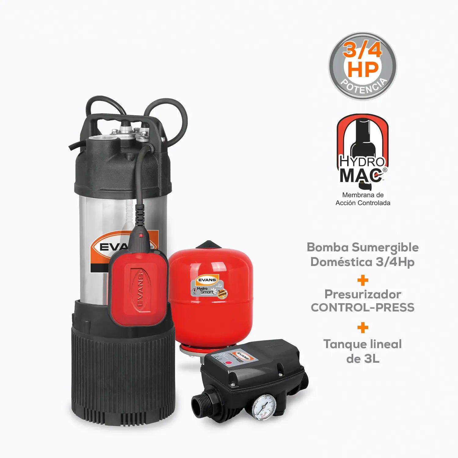 Kit Integral de Presión 3/4 HP Marca EVANS. Modelo: KIT-SPM1075-3