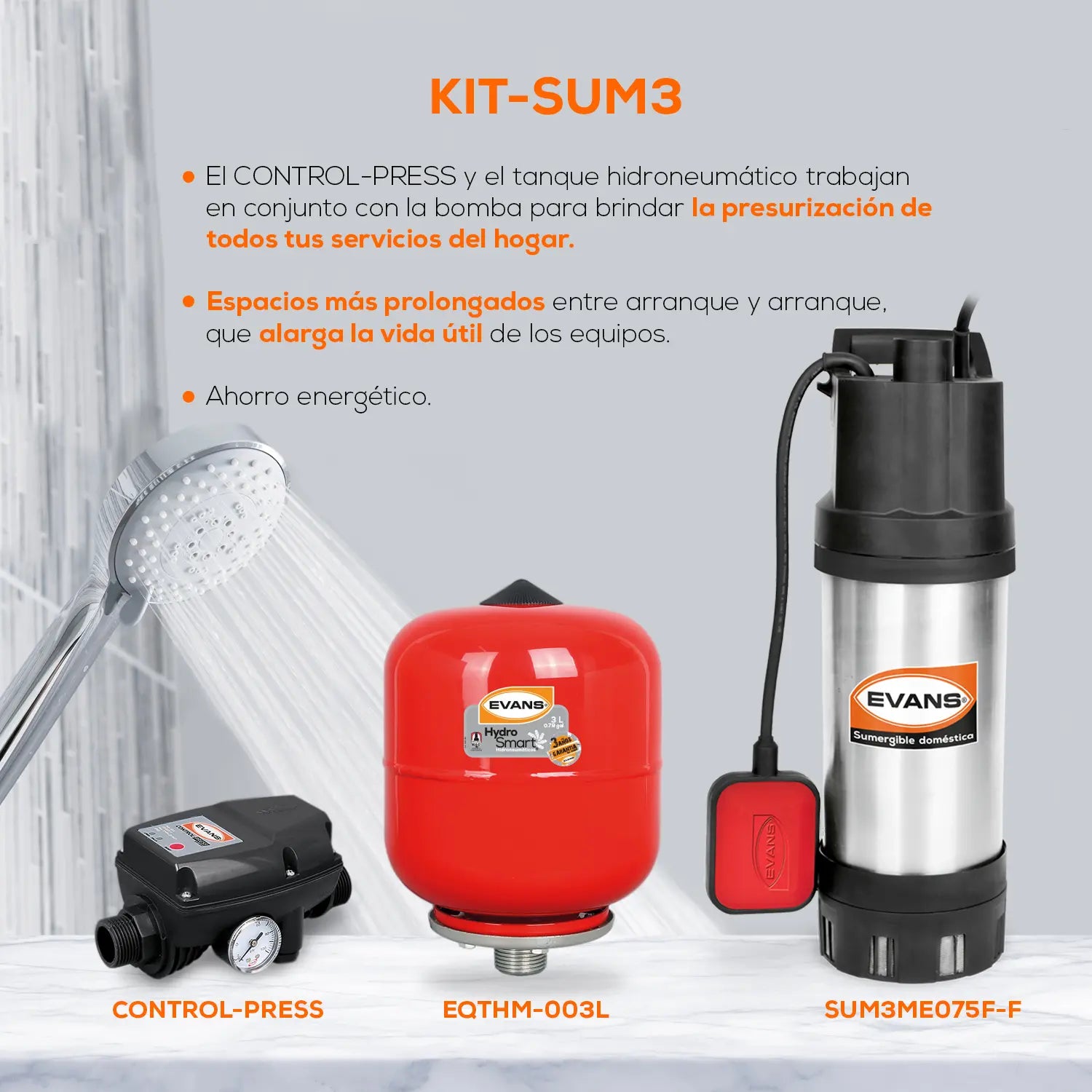 Kit Integral de presión 3/4 HP Marca EVANS. Modelo: KIT-SUM3