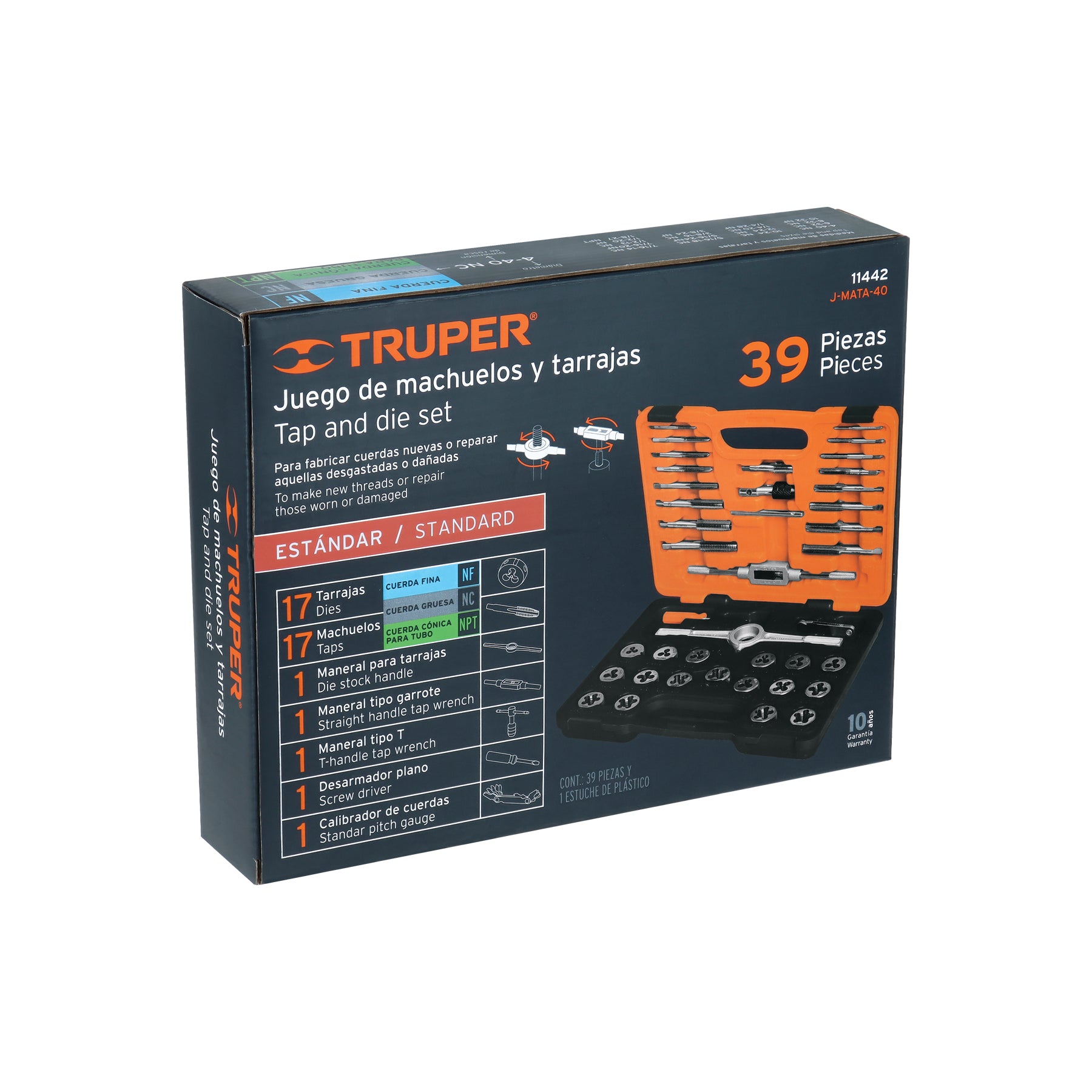 Juego de 40 piezas de machuelos y tarrajas, TRUPER. Modelo: J-MATA-40