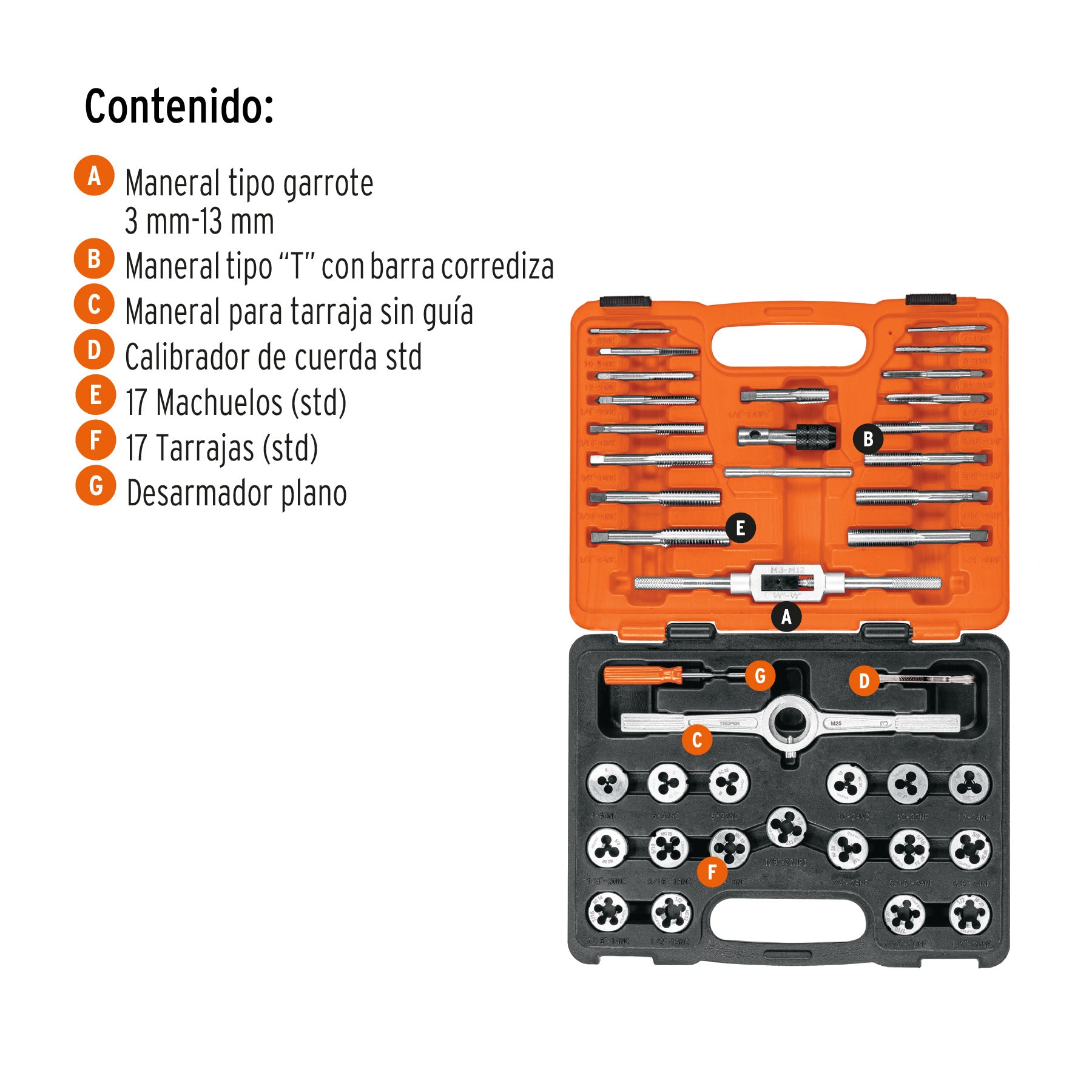 Juego de 40 piezas de machuelos y tarrajas, TRUPER. Modelo: J-MATA-40