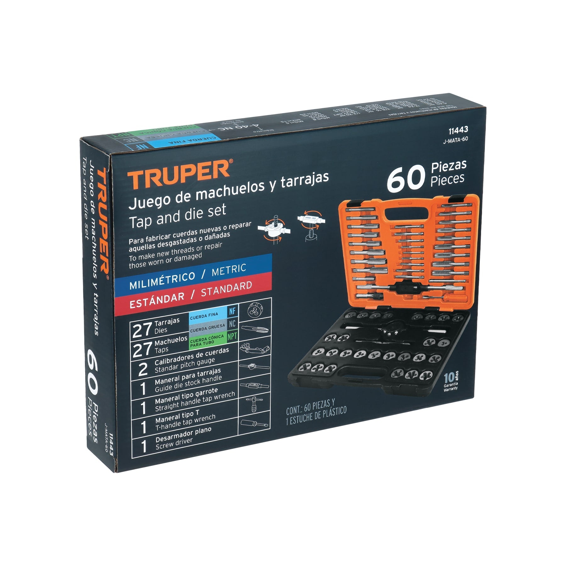 Juego de 60 piezas de machuelos y tarrajas, TRUPER. Modelo: J-MATA-60