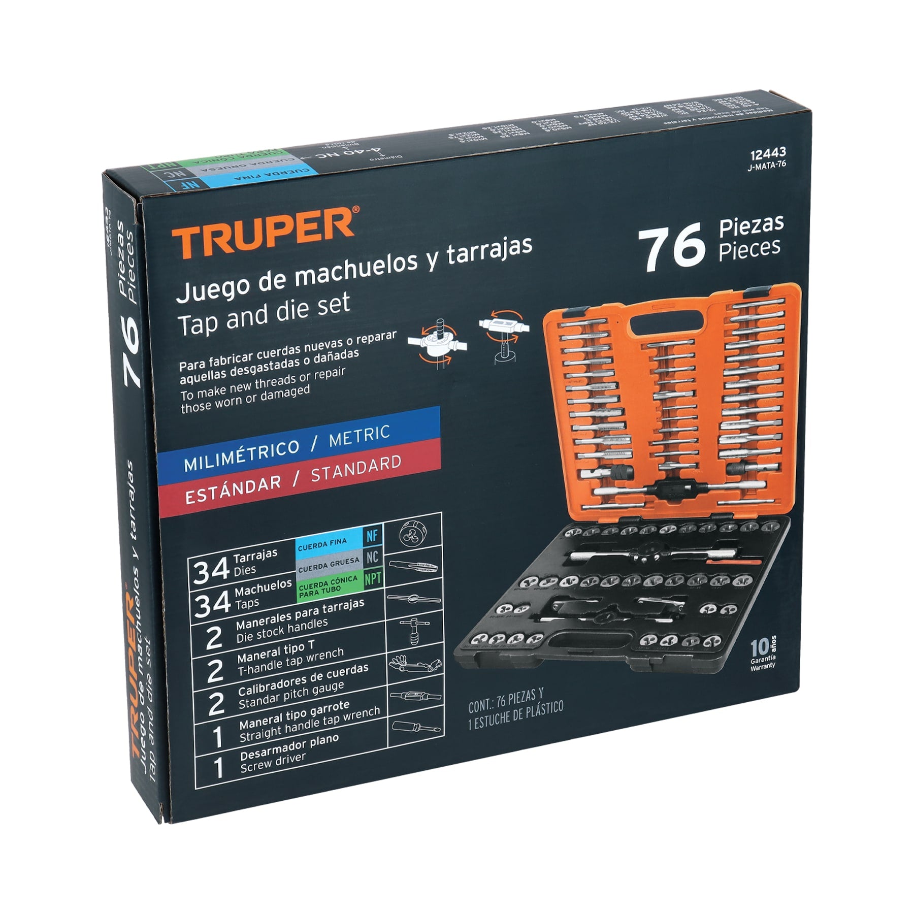 Juego de 76 piezas de machuelos y tarrajas, TRUPER. Modelo: J-MATA-76