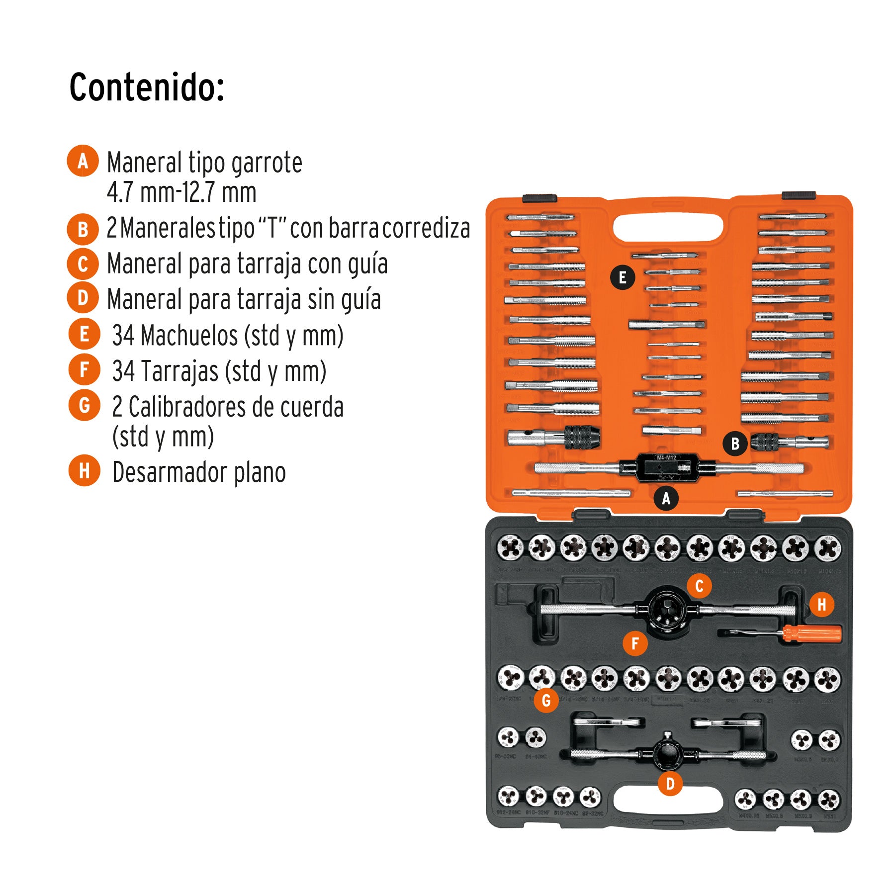 Juego de 76 piezas de machuelos y tarrajas, TRUPER. Modelo: J-MATA-76