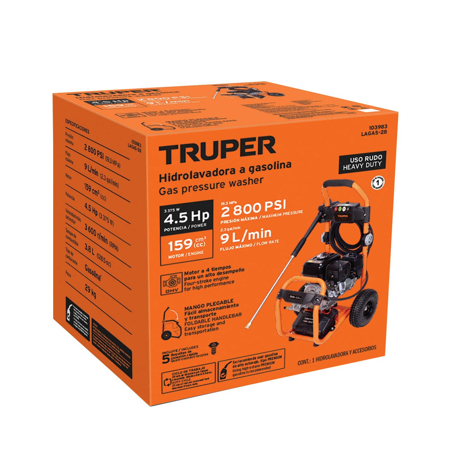Hidrolavadora con motor a gasolina, 2,800 PSI, TRUPER. Modelo: LAGAS-28