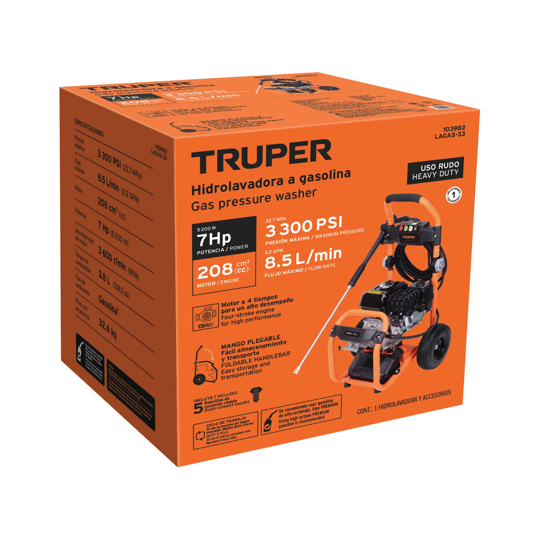 Hidrolavadora con motor a gasolina, 3,300 PSI, TRUPER. Modelo: LAGAS-33